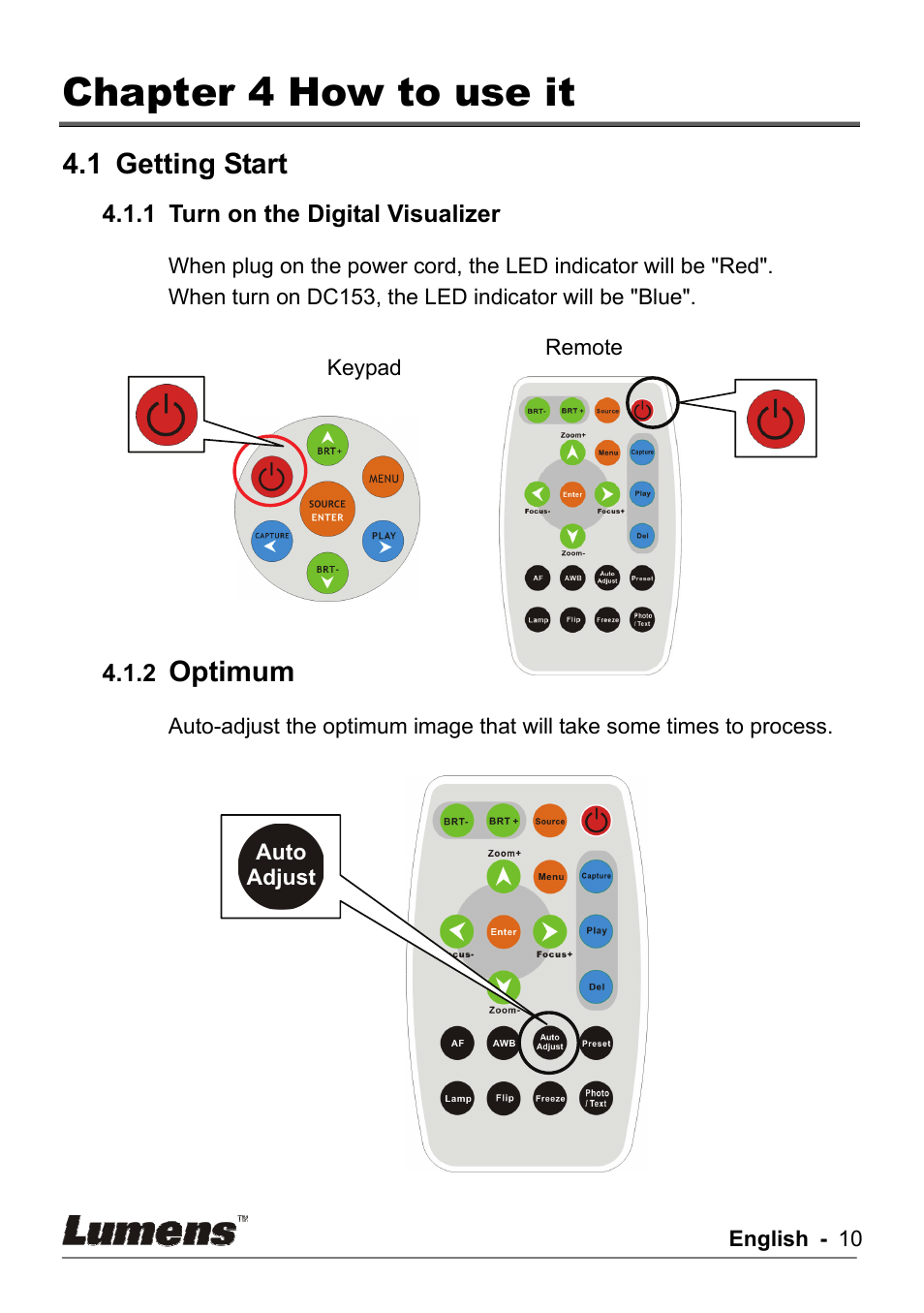 Chapter 4 how to use it, 1 getting start, Optimum | Lumens Technology DC155 User Manual | Page 11 / 20