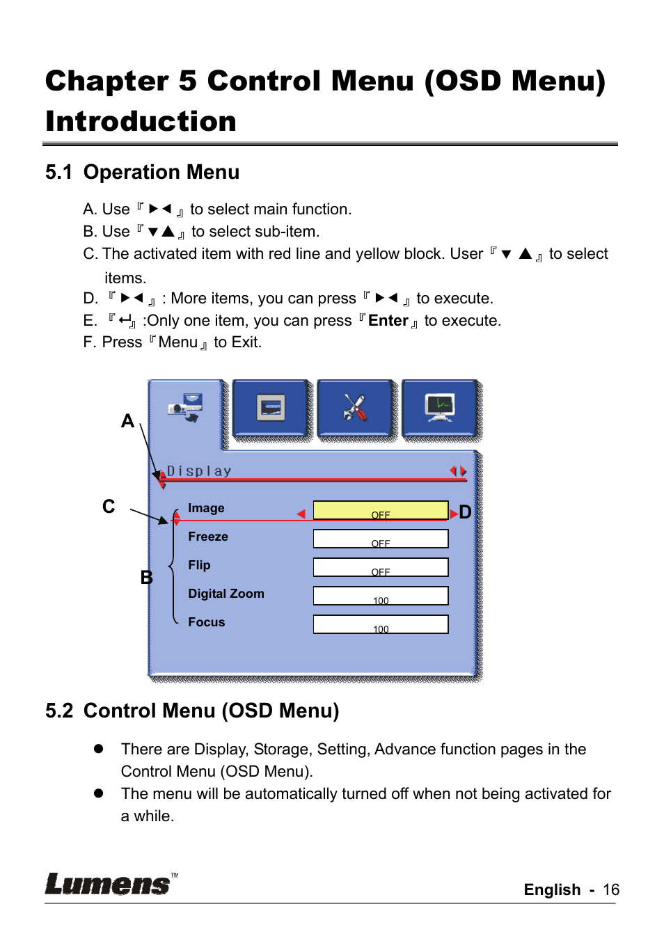 Chapter 5 control menu (osd menu) introduction, 1 operation menu, 2 control menu (osd menu) | Ab c d | Lumens Technology DC155 User Manual | Page 17 / 20