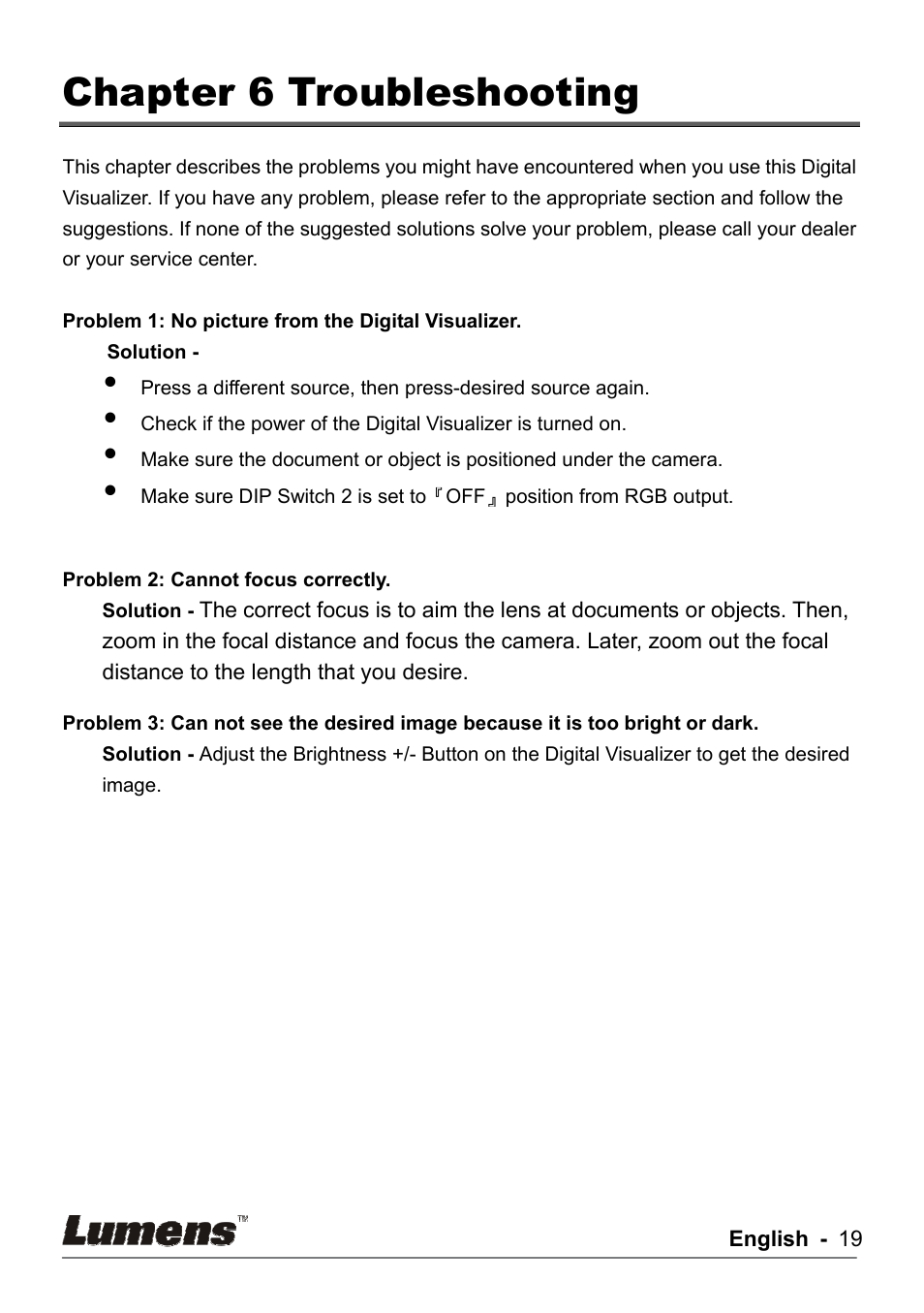 Chapter 6 troubleshooting | Lumens Technology DC155 User Manual | Page 20 / 20