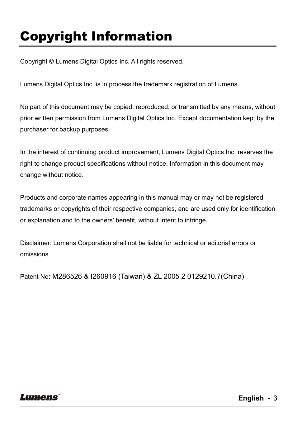 Copyright information | Lumens Technology DC155 User Manual | Page 4 / 20