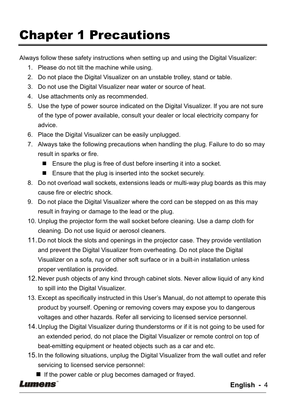 Chapter 1 precautions | Lumens Technology DC155 User Manual | Page 5 / 20