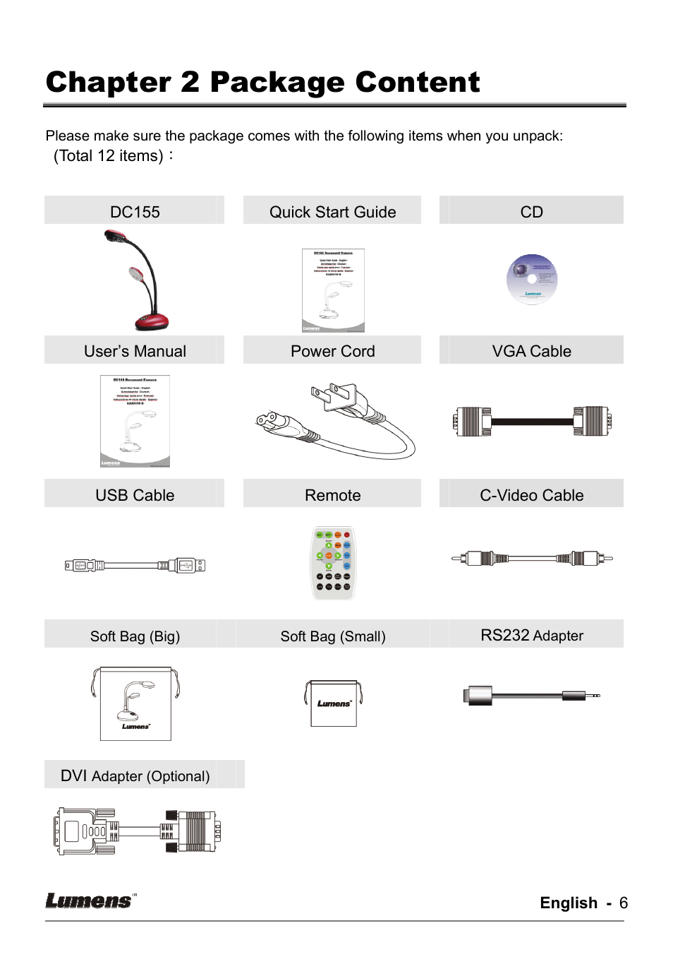 Chapter 2 package content | Lumens Technology DC155 User Manual | Page 7 / 20