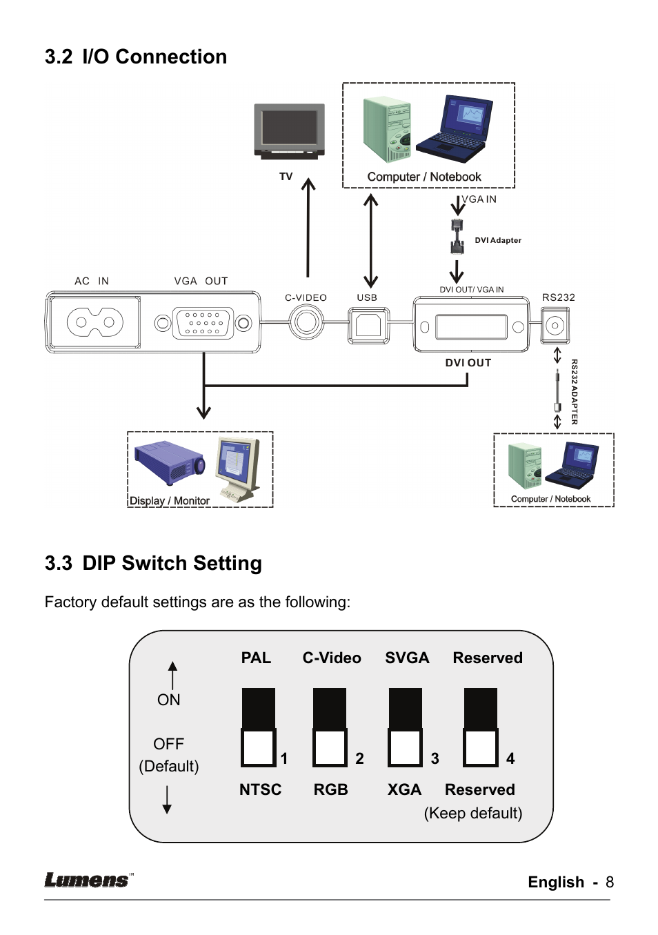 2 i/o connection, 3 dip switch setting | Lumens Technology DC155 User Manual | Page 9 / 20