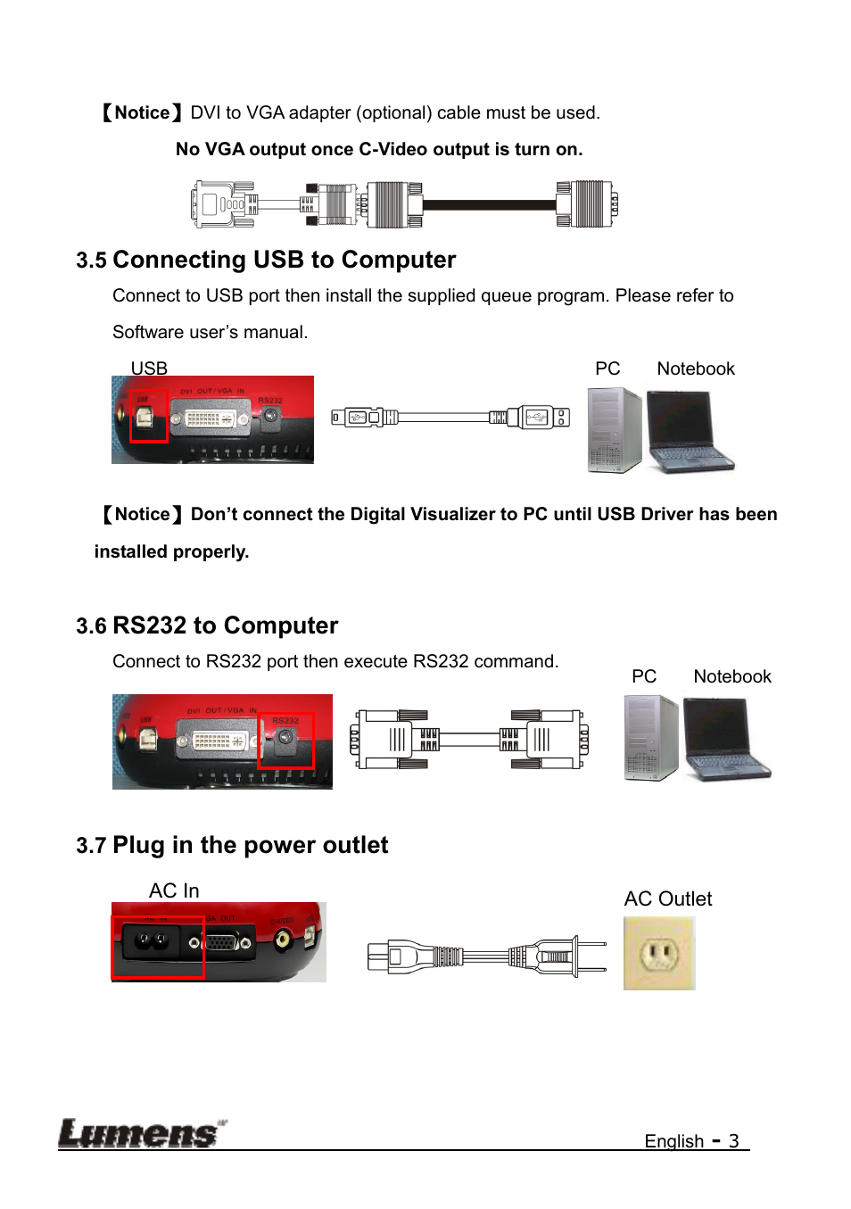 Connecting usb to computer, Rs232 to computer, Plug in the power outlet | Lumens Technology DC155 Quick Start User Manual | Page 4 / 7