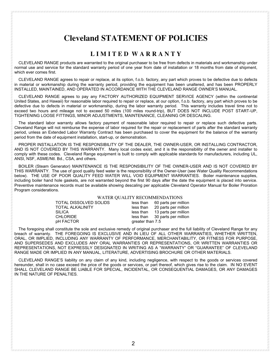 Warranty, Cleveland statement of policies | Cleveland Range Convotherm Combination Oven-Steamer Electric 6.20 User Manual | Page 5 / 98