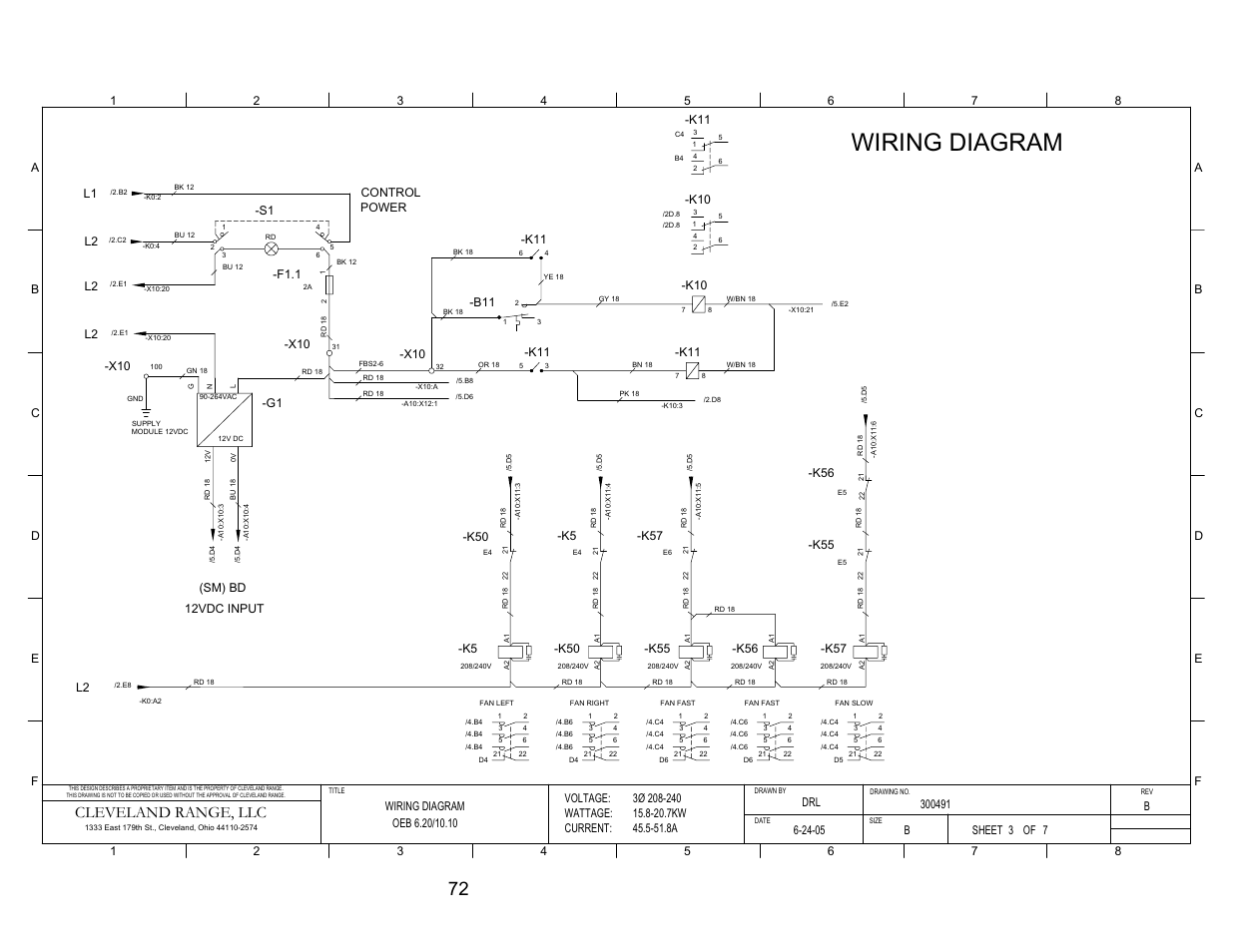 Pg 3, Wiring diagram, Cleveland range, llc | Voltage: wattage: current, Sheet of, F1.1, L2 (sm) bd 12vdc input, G1 l1 control power, K10 -k11 | Cleveland Range Convotherm Combination Oven-Steamer Electric 6.20 User Manual | Page 80 / 98