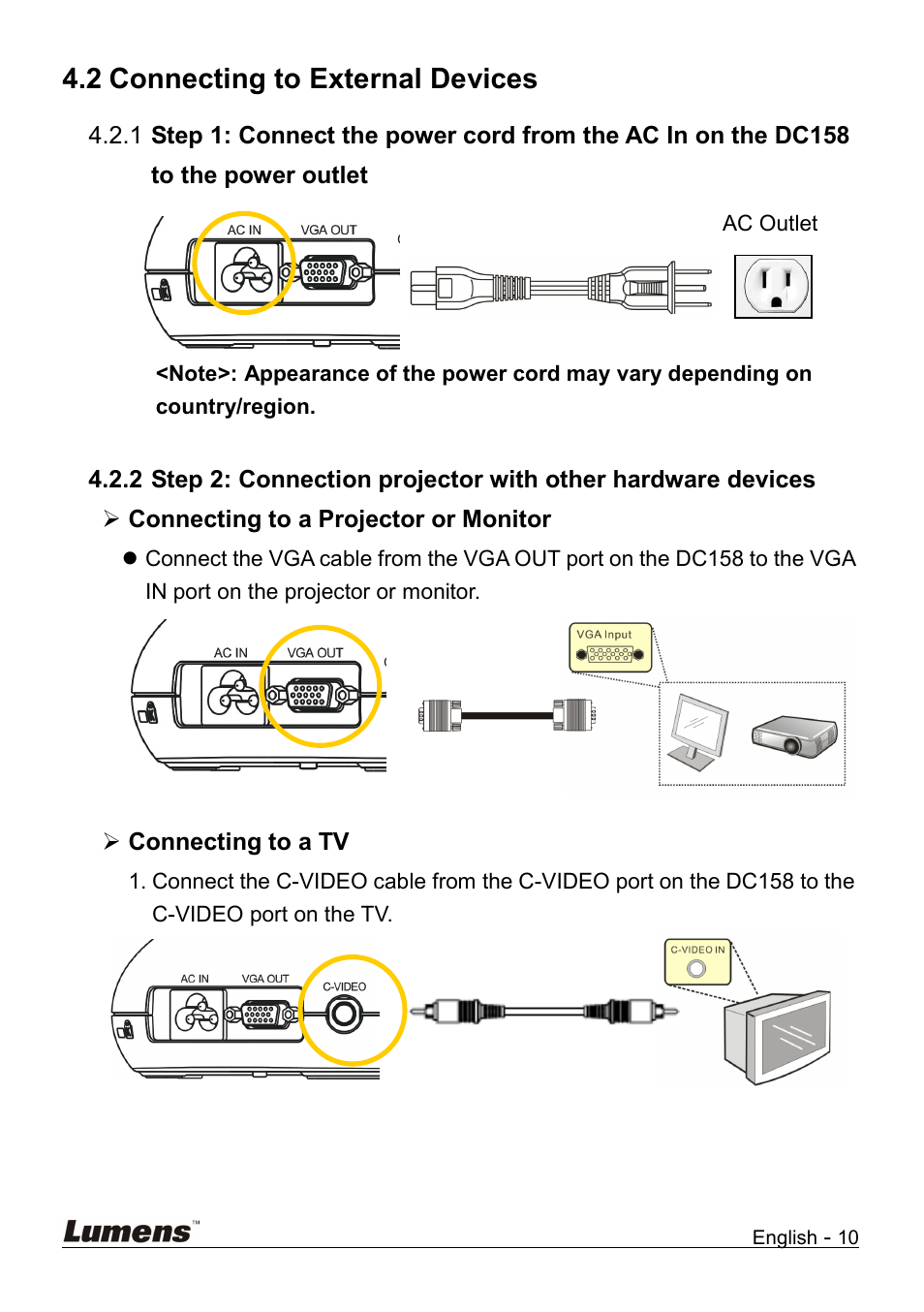 Connecting to external devices, 2 connecting to external devices | Lumens Technology DC158 User Manual | Page 11 / 31