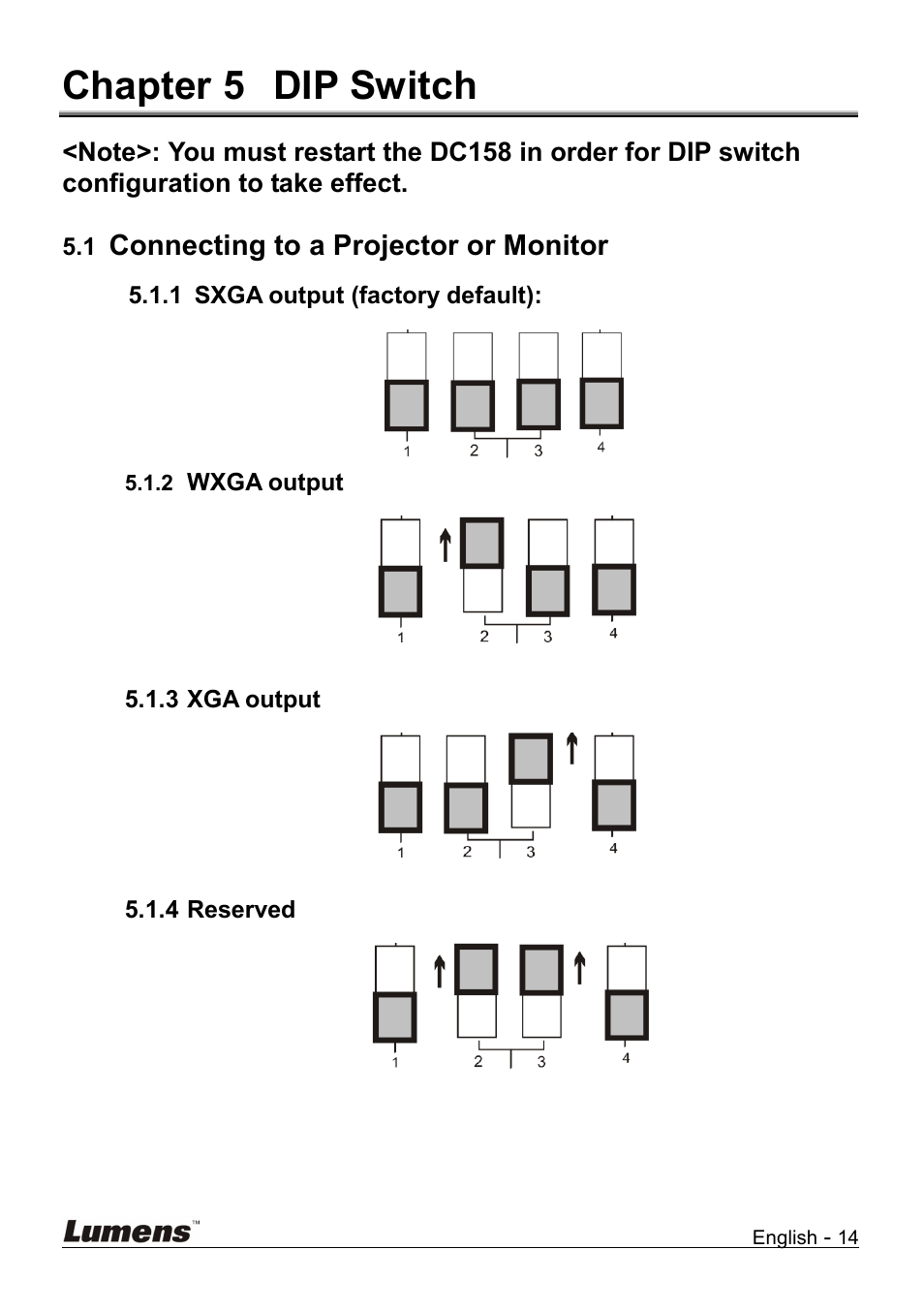 Chapter 5 dip switch, Connecting to a projector or monitor, Sxga output (factory default) | Wxga output, Xga output, Reserved, Chapter 5, Dip switch | Lumens Technology DC158 User Manual | Page 15 / 31