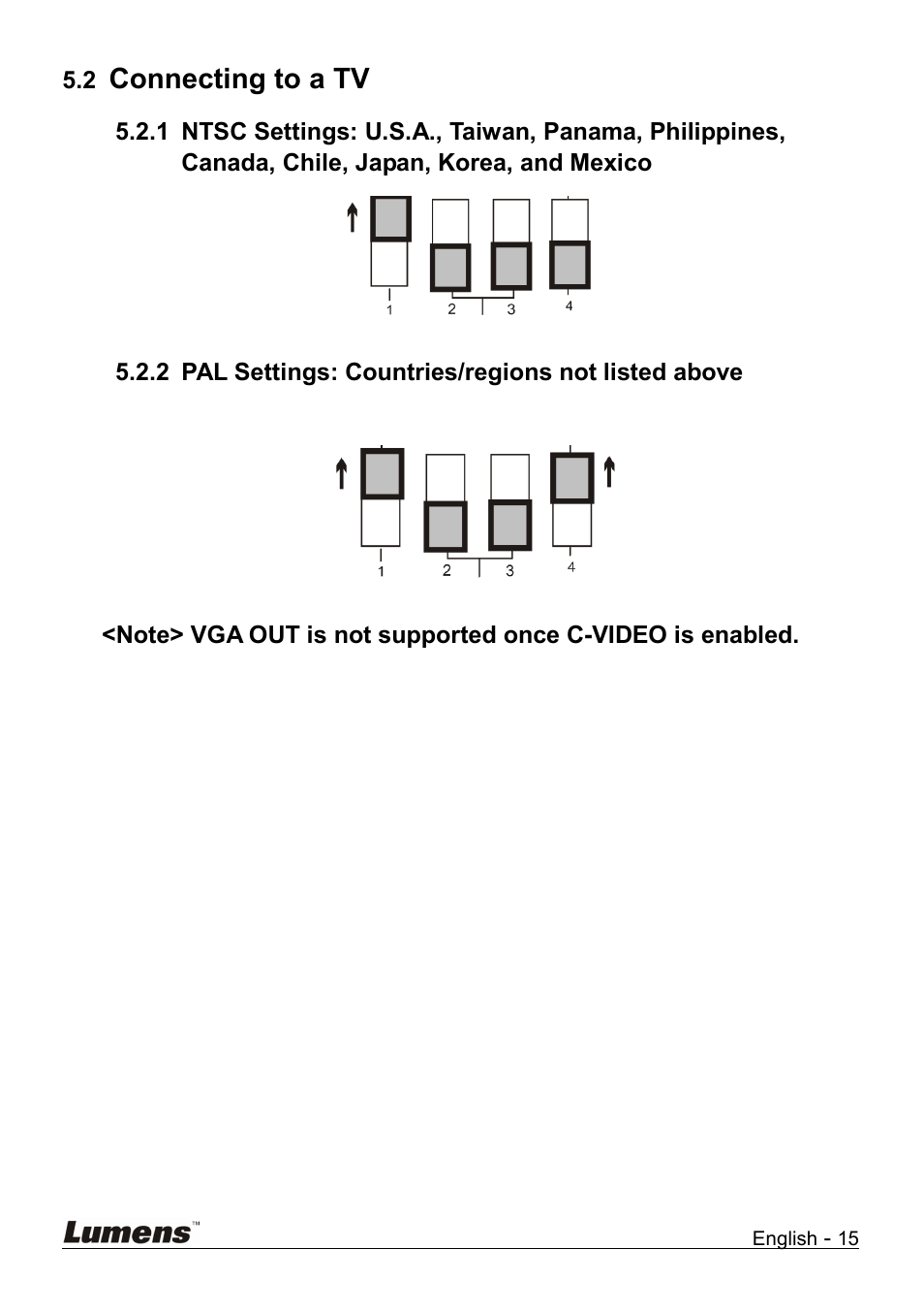 Connecting to a tv, Pal settings: countries/regions not listed above | Lumens Technology DC158 User Manual | Page 16 / 31