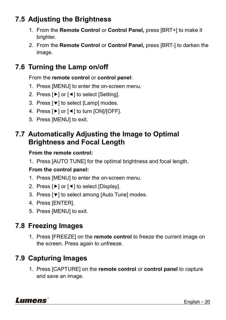 Adjusting the brightness, Turning the lamp on/off, Freezing images | Capturing images, 5 adjusting the brightness, 6 turning the lamp on/off, 8 freezing images, 9 capturing images | Lumens Technology DC158 User Manual | Page 21 / 31