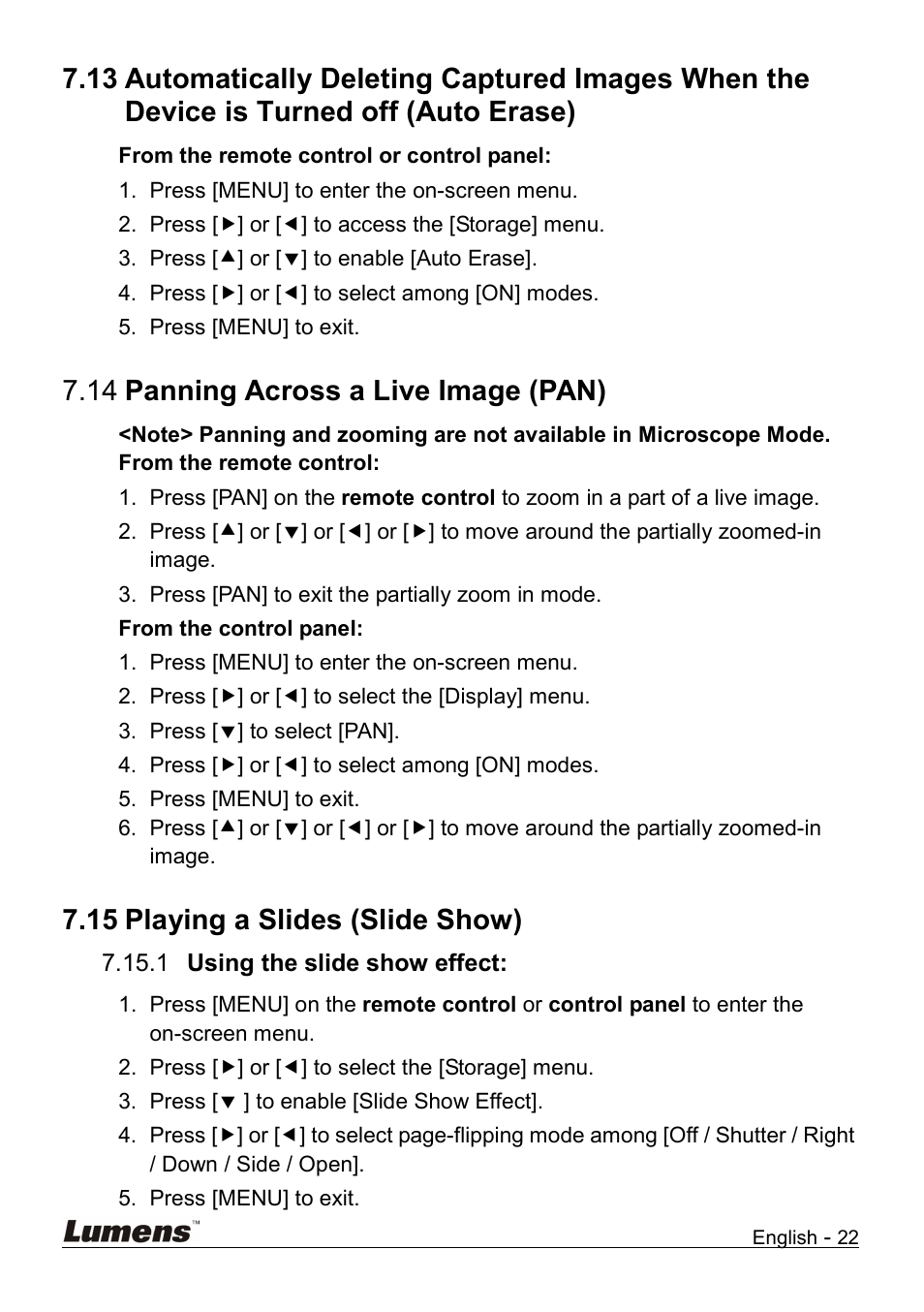 Panning across a live image (pan), Playing a slides (slide show), Using the slide show effect | Off (auto erase), 14 panning across a live image (pan), 15 playing a slides (slide show) | Lumens Technology DC158 User Manual | Page 23 / 31