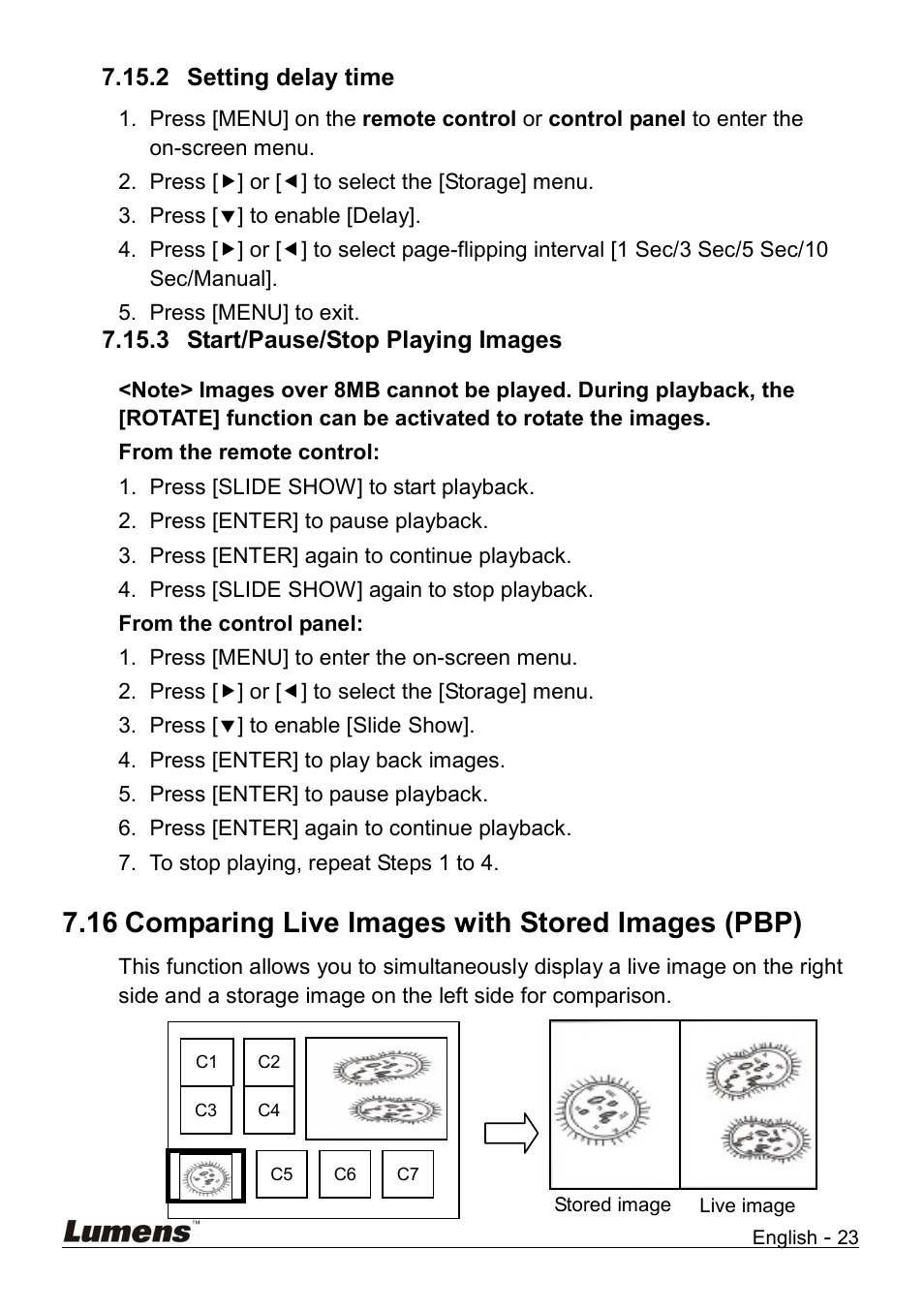 Setting delay time, Start/pause/stop playing images, Comparing live images with stored images (pbp) | 16 comparing live images with stored images (pbp), 2 setting delay time, 3 start/pause/stop playing images | Lumens Technology DC158 User Manual | Page 24 / 31