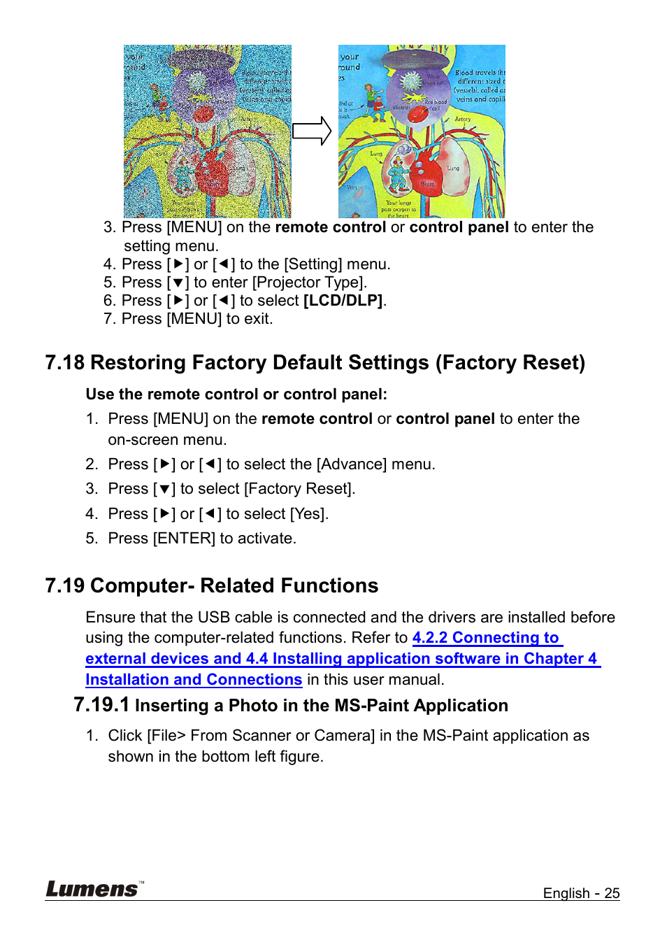 Restoring factory default settings (factory reset), Computer- related functions, Inserting a photo in the ms-paint application | 19 computer- related functions | Lumens Technology DC158 User Manual | Page 26 / 31