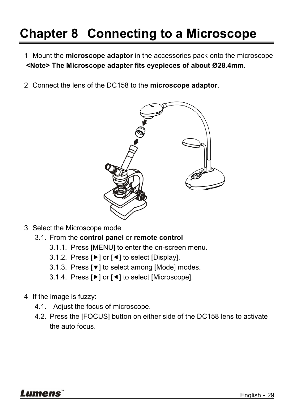 Chapter 8 connecting to a microscope, Chapter 8, Connecting to a microscope | Lumens Technology DC158 User Manual | Page 30 / 31