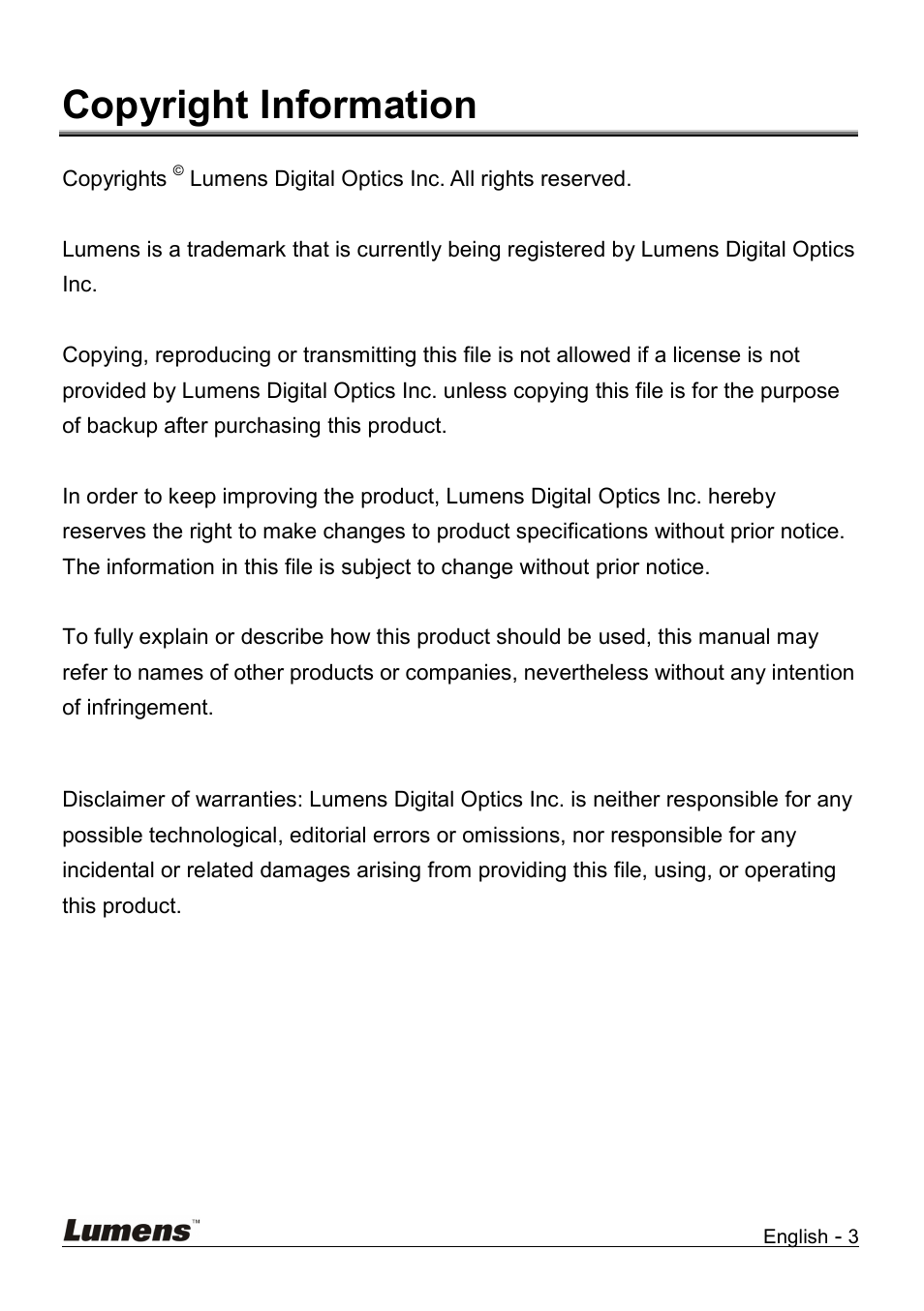 Copyright information | Lumens Technology DC158 User Manual | Page 4 / 31