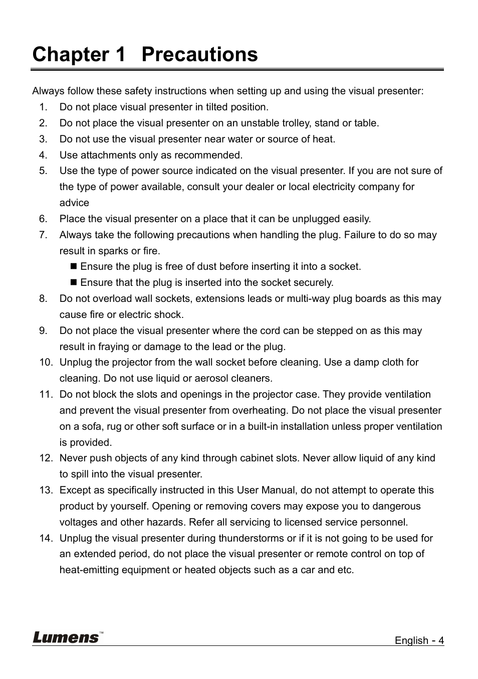 Chapter 1 precautions, Chapter 1, Precautions | Lumens Technology DC158 User Manual | Page 5 / 31