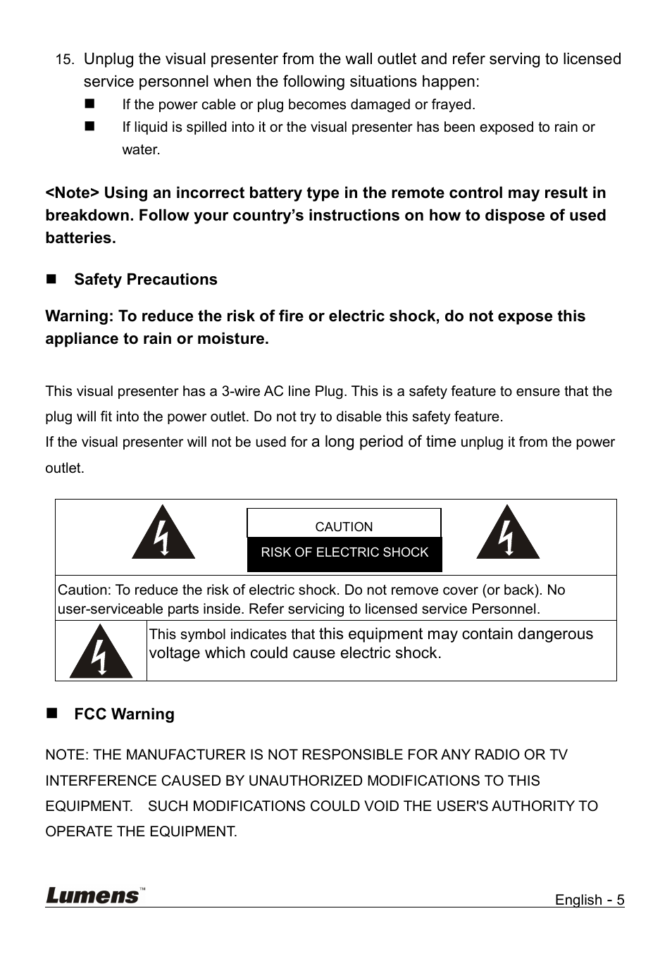 Safety precautions, Fcc warning | Lumens Technology DC158 User Manual | Page 6 / 31