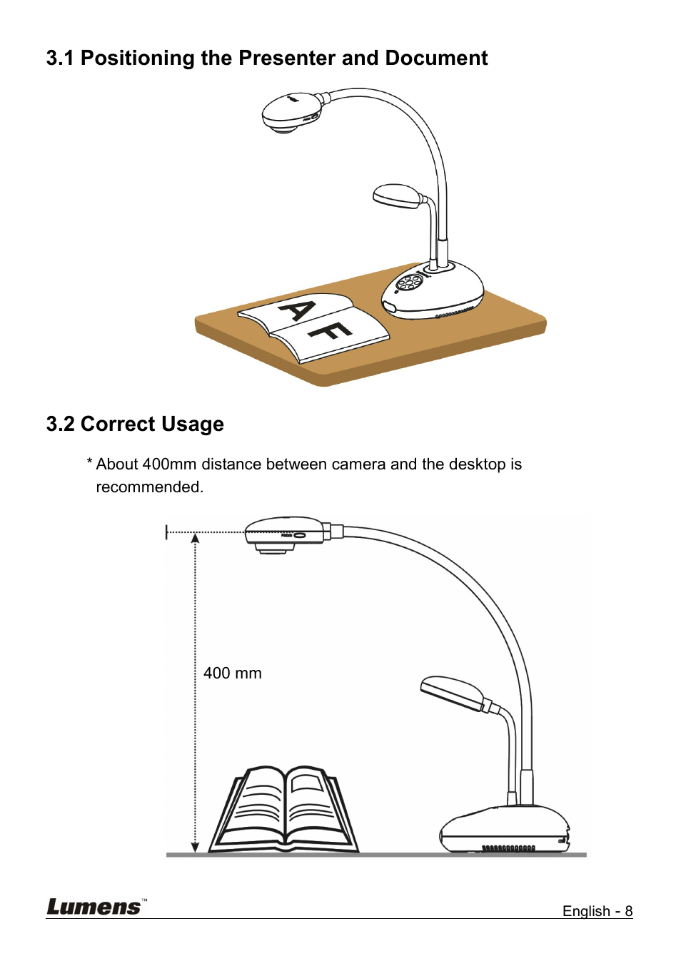 Positioning the presenter and document, Correct usage, 1 positioning the presenter and document | 2 correct usage | Lumens Technology DC158 User Manual | Page 9 / 31