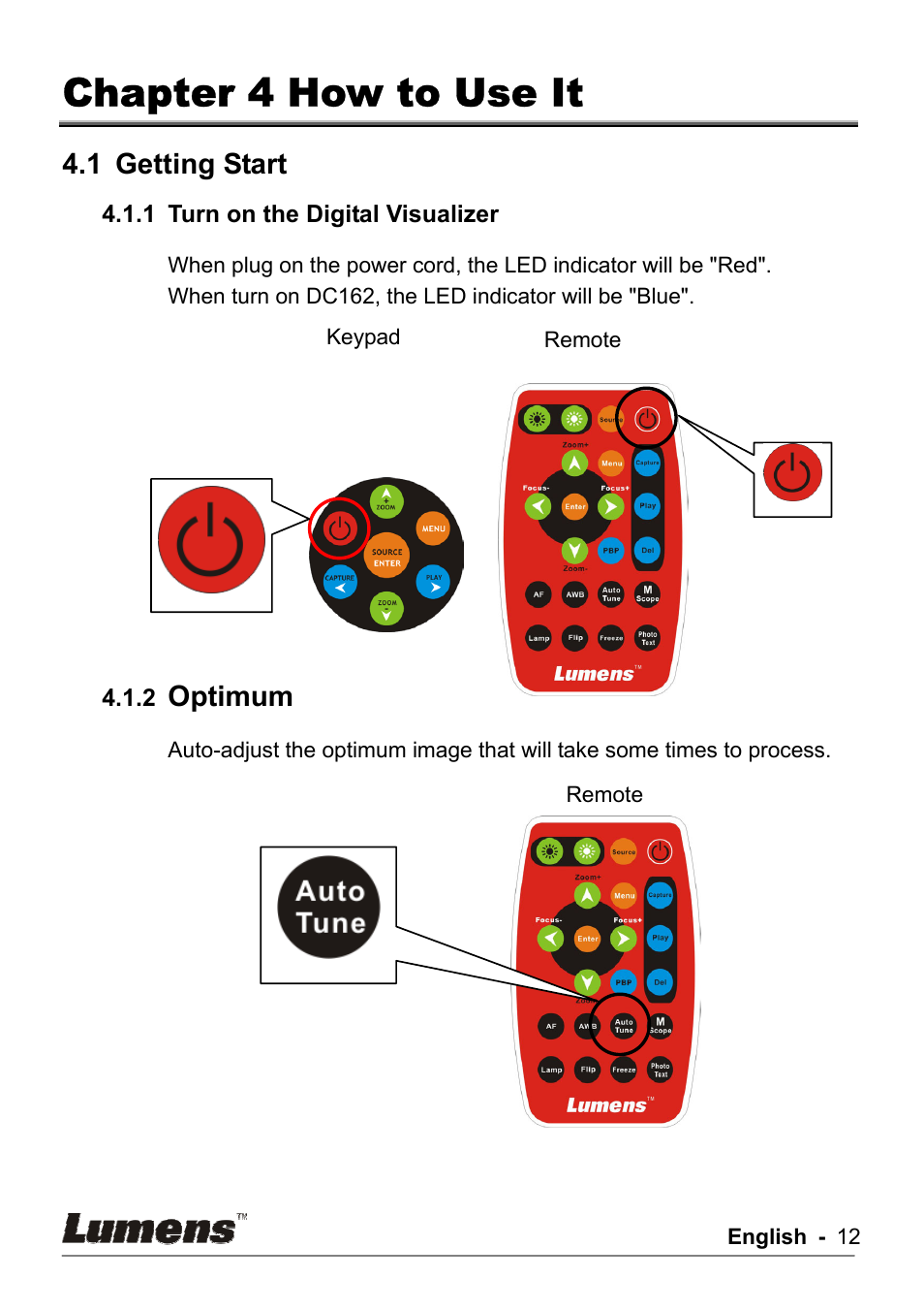 Chapter 4 how to use it, 1 getting start, Optimum | Lumens Technology DC162 User Manual | Page 12 / 21