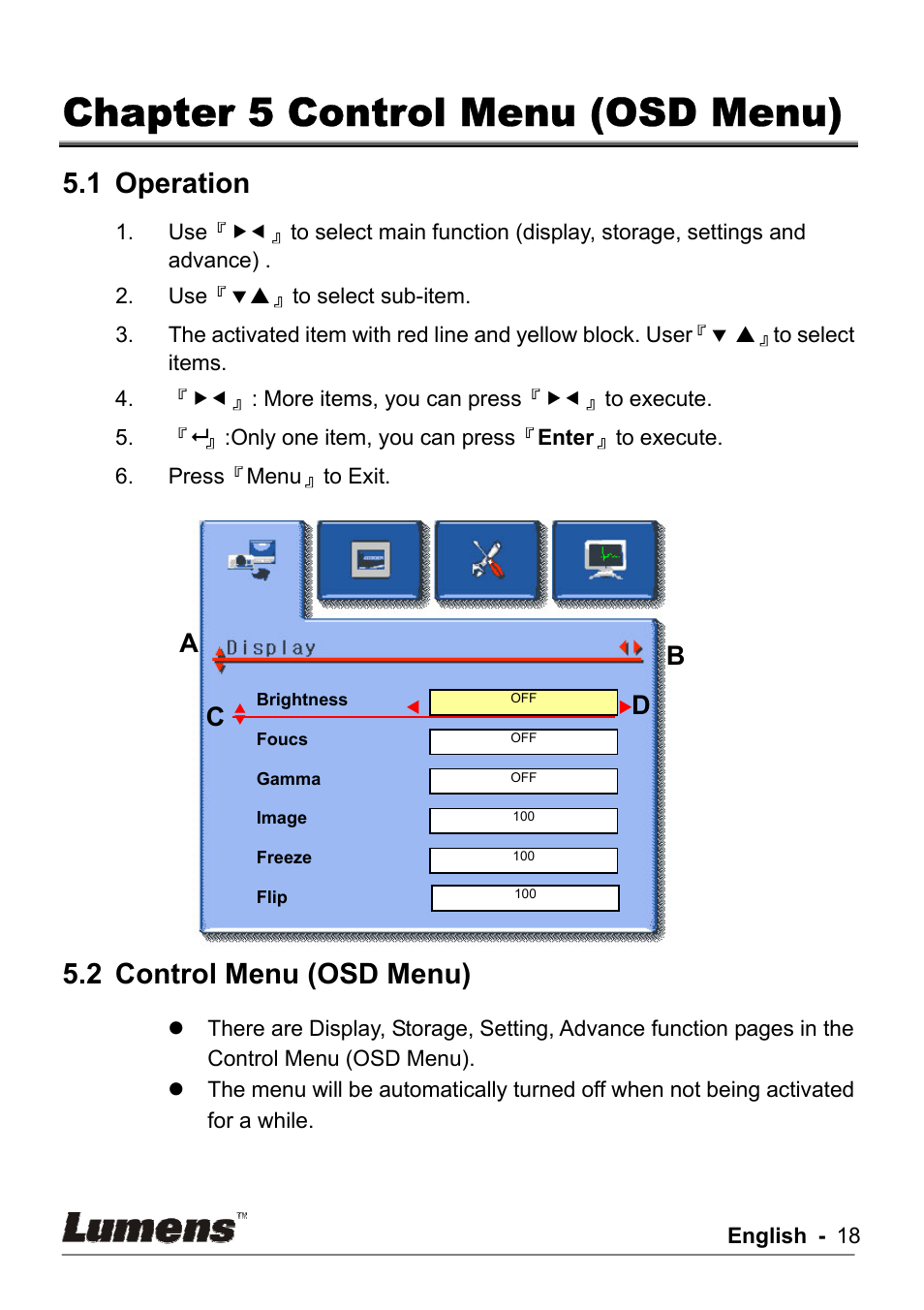 Chapter 5 control menu (osd menu), 1 operation, 2 control menu (osd menu) | Ab c d | Lumens Technology DC162 User Manual | Page 18 / 21