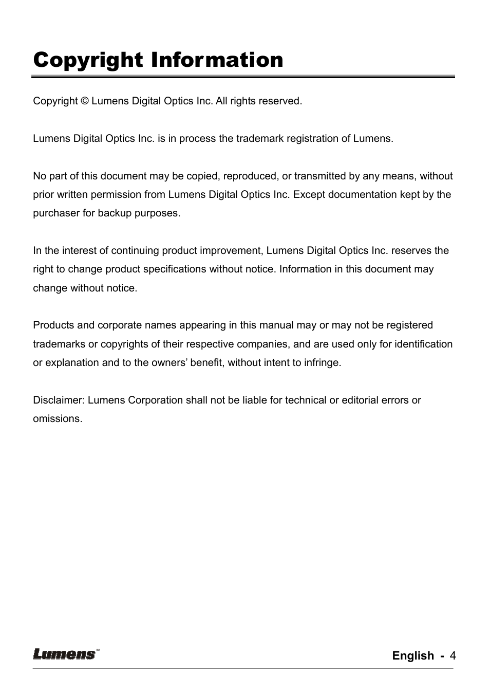 Copyright information | Lumens Technology DC162 User Manual | Page 4 / 21