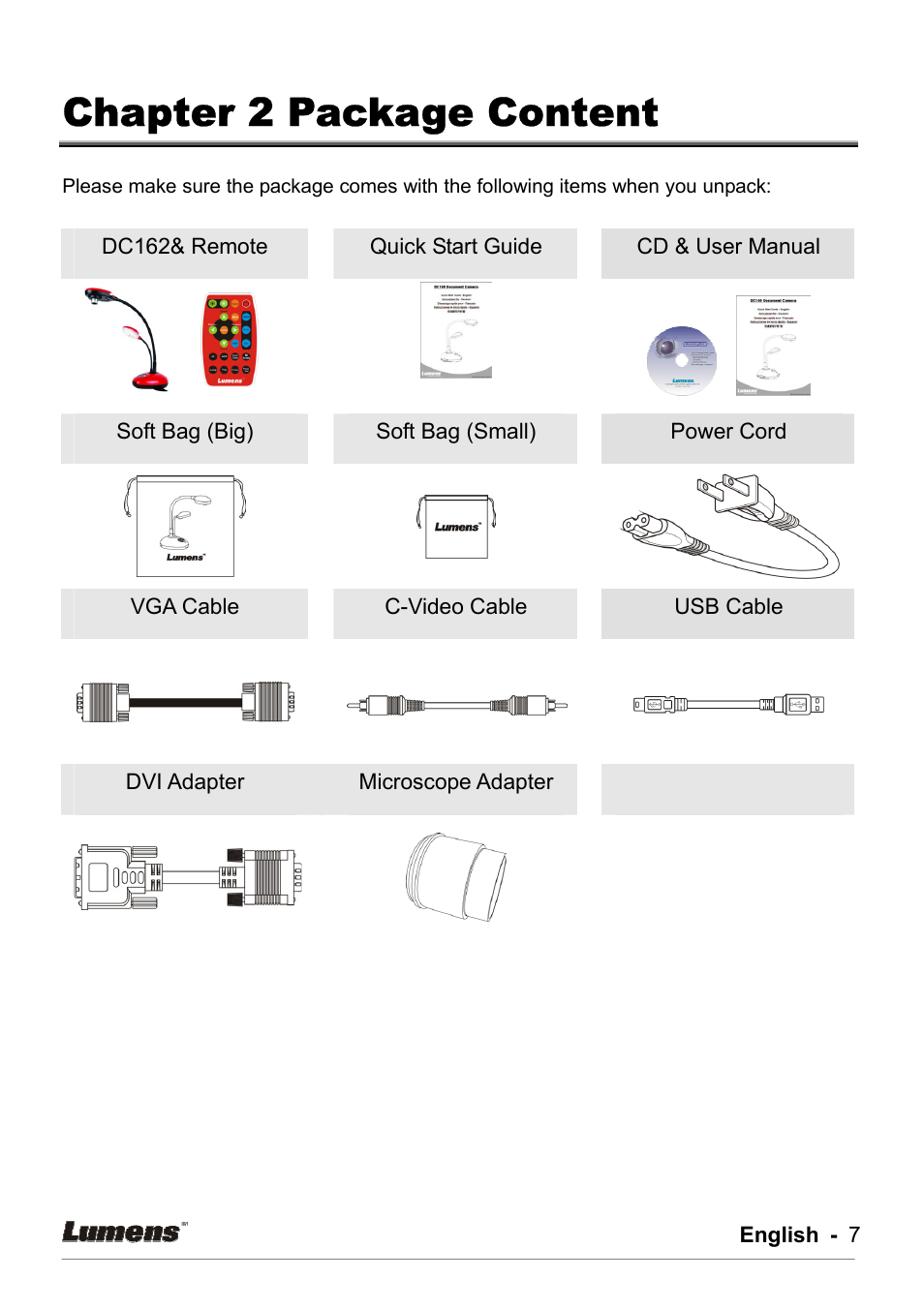 Chapter 2 package content | Lumens Technology DC162 User Manual | Page 7 / 21