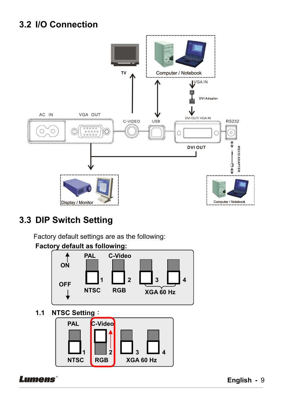 2 i/o connection, 3 dip switch setting | Lumens Technology DC162 User Manual | Page 9 / 21