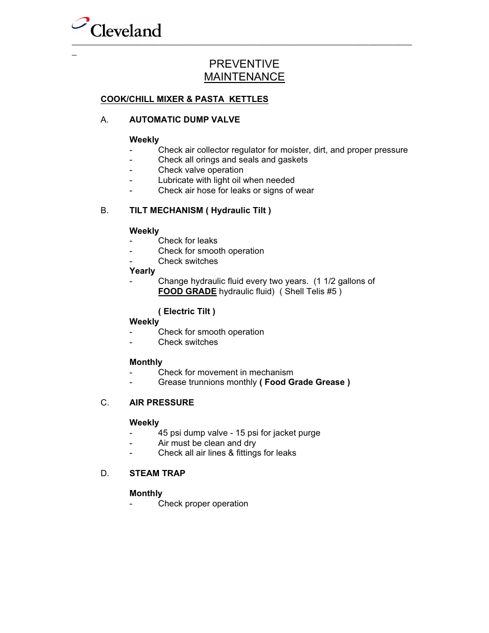Preventative maintenance, Preventive maintenance | Cleveland Range IA-MKDL-60-CC User Manual | Page 31 / 37