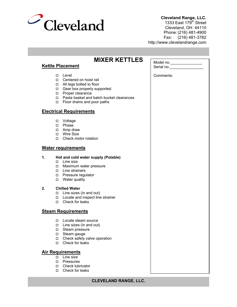 Installation checklist, Mixer kettles, Kettle placement | Electrical requirements, Water requirements, Steam requirements, Air requirements | Cleveland Range IA-MKDL-60-CC User Manual | Page 8 / 37