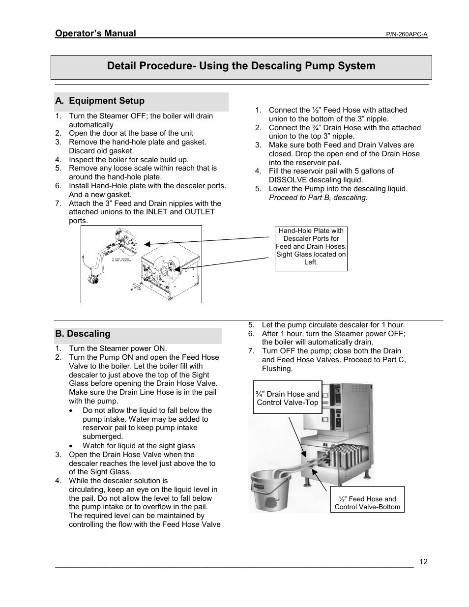 Detail procedure- using the descaling pump system | Cleveland Range PEM User Manual | Page 12 / 17