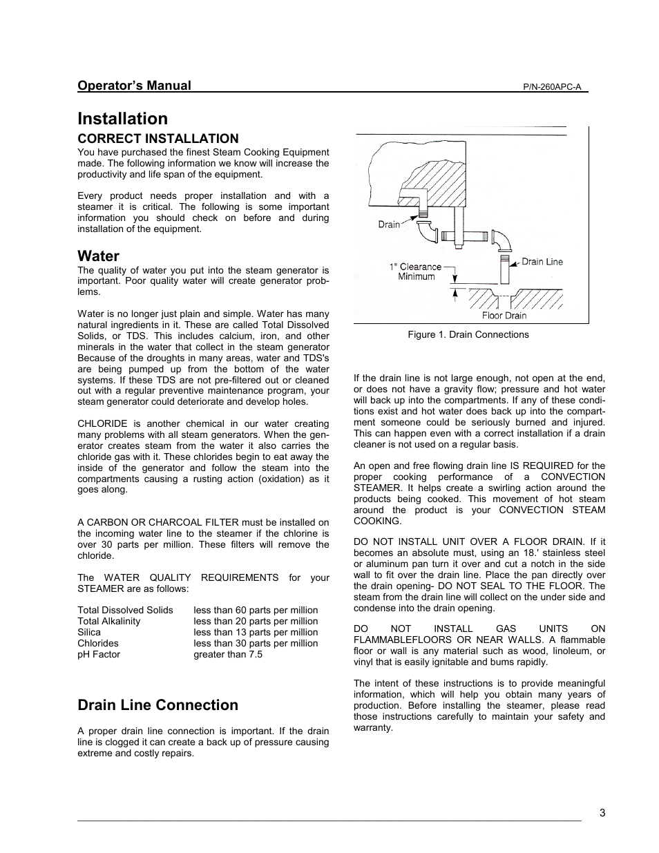 Installation, Correct installation, Water quality | Drain line connection, Water | Cleveland Range PEM User Manual | Page 3 / 17