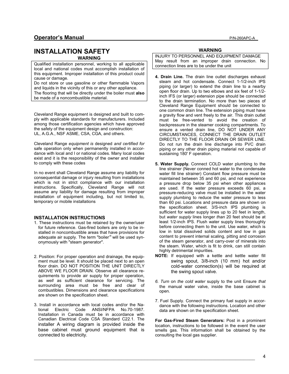 Installation safety, Installation instructions, Operator’s manual | Cleveland Range PEM User Manual | Page 4 / 17