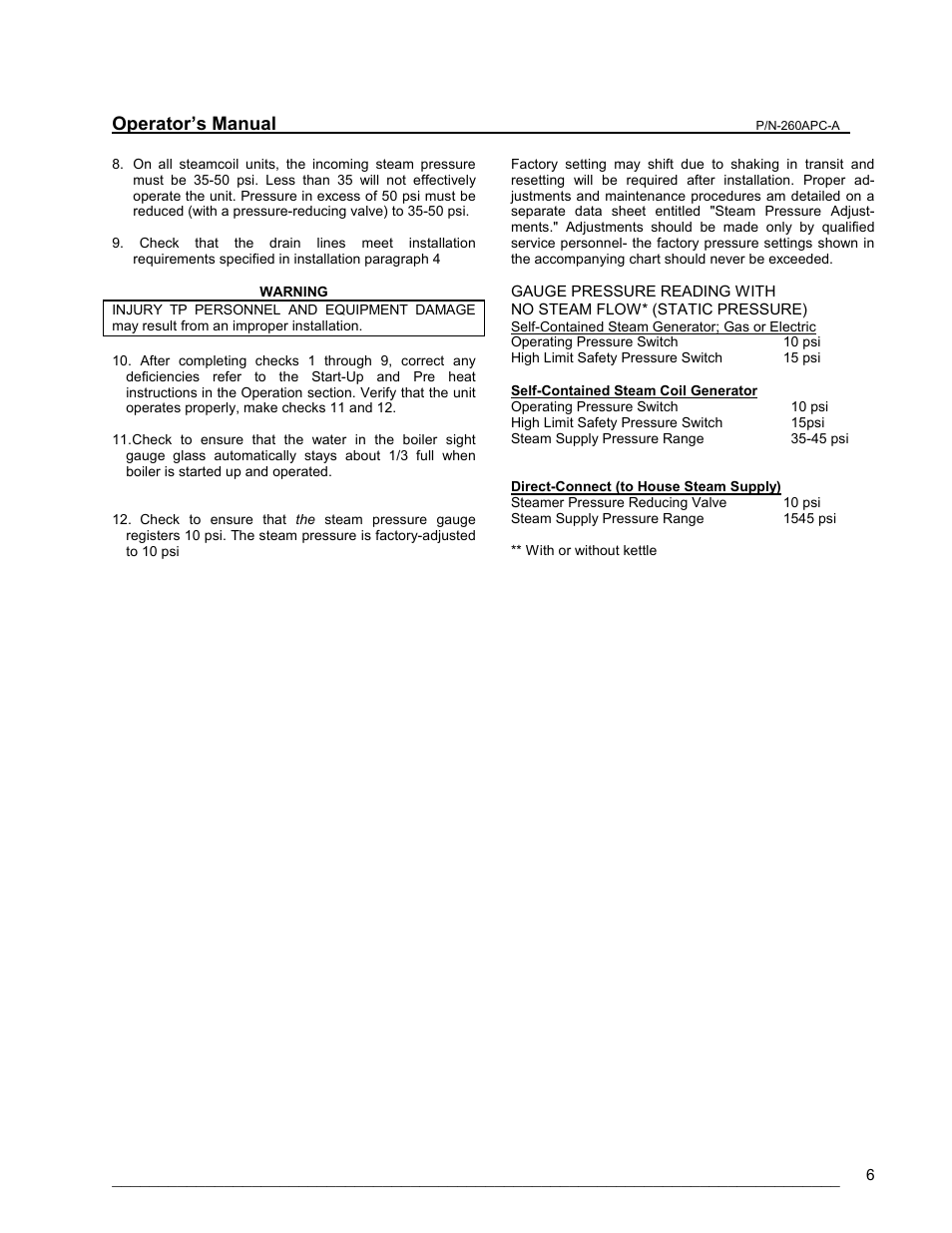 Gauge pressure reading, Operator’s manual | Cleveland Range PEM User Manual | Page 6 / 17