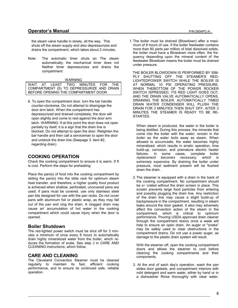 Cooking operation, Boiler shutdown, Care & cleaning | Cleveland Range PEM User Manual | Page 8 / 17