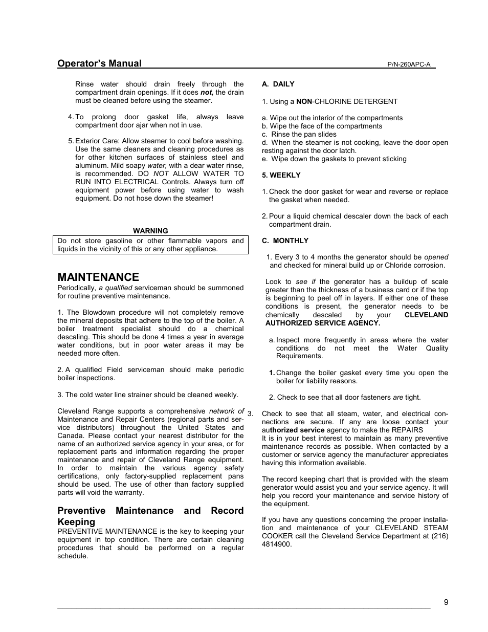 Maintenance, Preventive maintenance, Operator’s manual | Preventive maintenance and record keeping | Cleveland Range PEM User Manual | Page 9 / 17