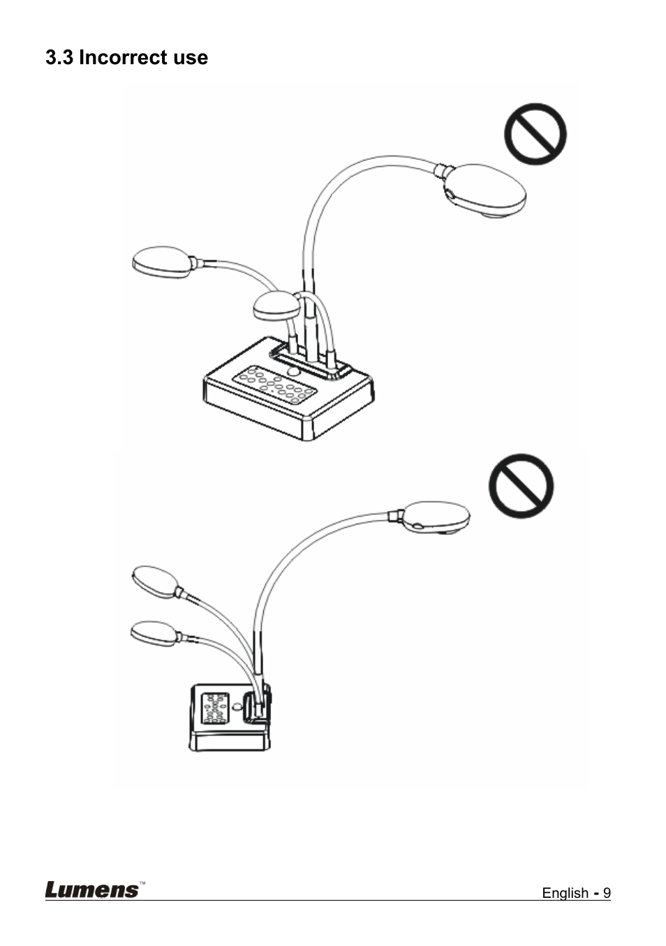 Incorrect use, 3 incorrect use | Lumens Technology DC210 User Manual | Page 10 / 40