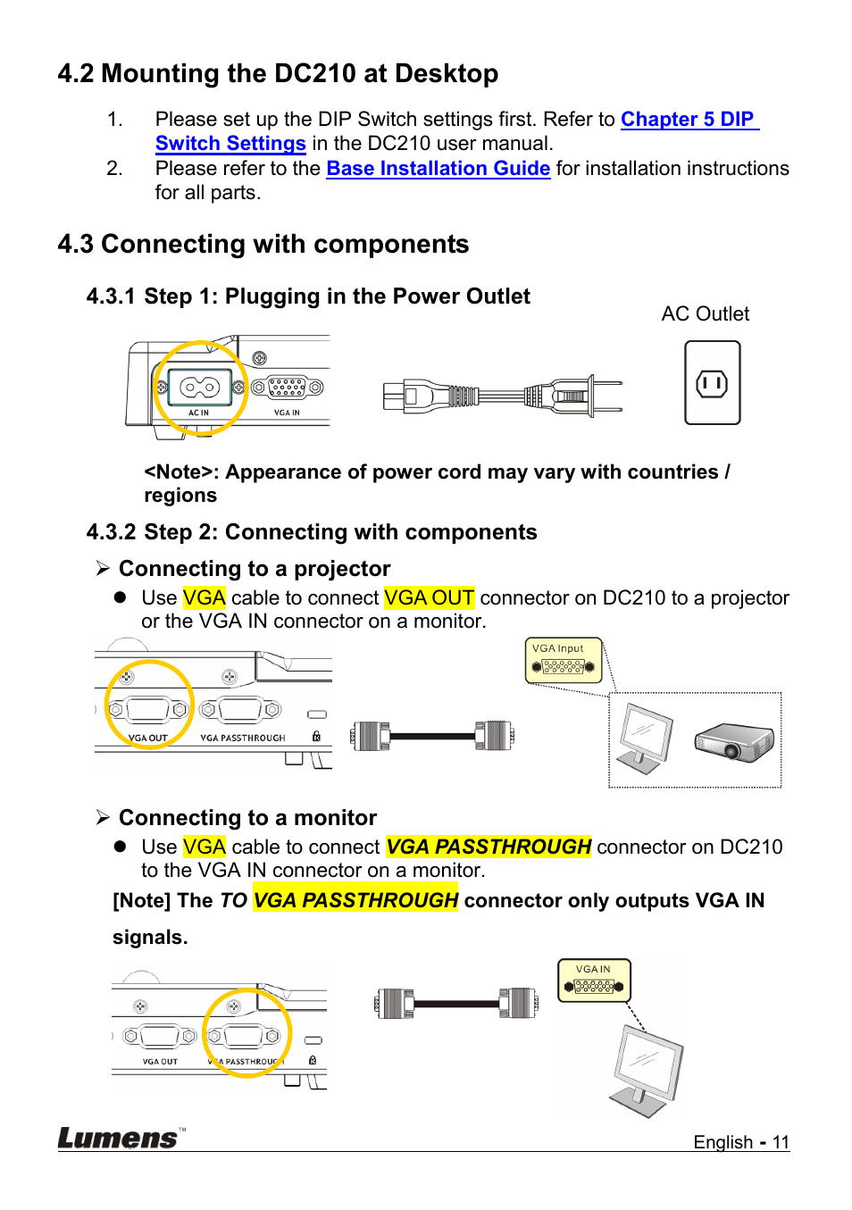 Mounting the dc210 at desktop, Connecting with components, 2 mounting the dc210 at desktop | 3 connecting with components | Lumens Technology DC210 User Manual | Page 12 / 40