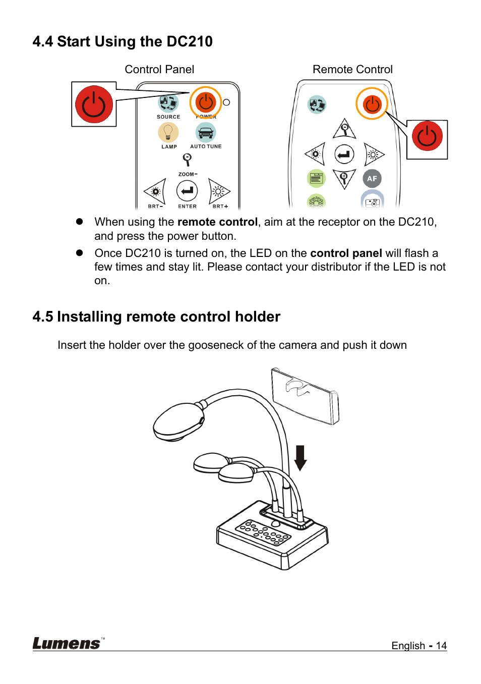 Start using the dc210, Installing remote control holder, 4 start using the dc210 | 5 installing remote control holder | Lumens Technology DC210 User Manual | Page 15 / 40