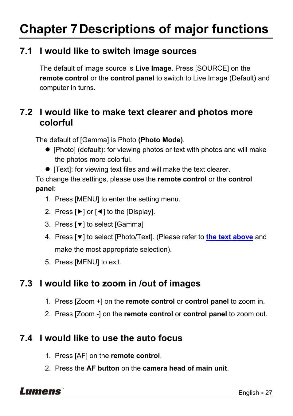 Chapter 7, Descriptions of major functions, I would like to switch image sources | I would like to zoom in /out of images, I would like to use the auto focus, Chapter 7 descriptions of major functions, 1 i would like to switch image sources, 3 i would like to zoom in /out of images, 4 i would like to use the auto focus | Lumens Technology DC210 User Manual | Page 28 / 40