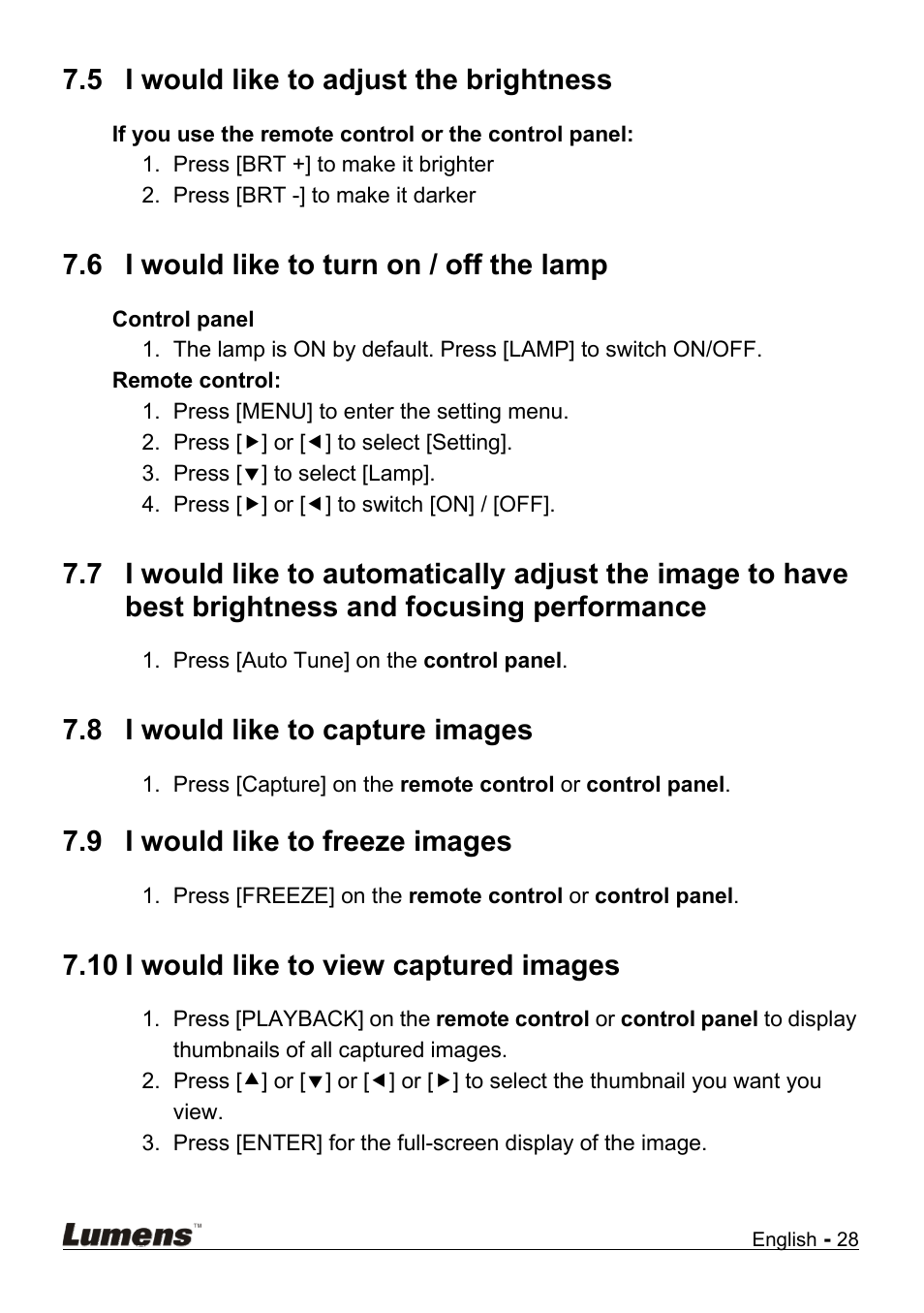 I would like to adjust the brightness, I would like to turn on / off the lamp, Brightness and focusing performance | I would like to capture images, I would like to freeze images, I would like to view captured images, 5 i would like to adjust the brightness, 6 i would like to turn on / off the lamp, 8 i would like to capture images, 9 i would like to freeze images | Lumens Technology DC210 User Manual | Page 29 / 40