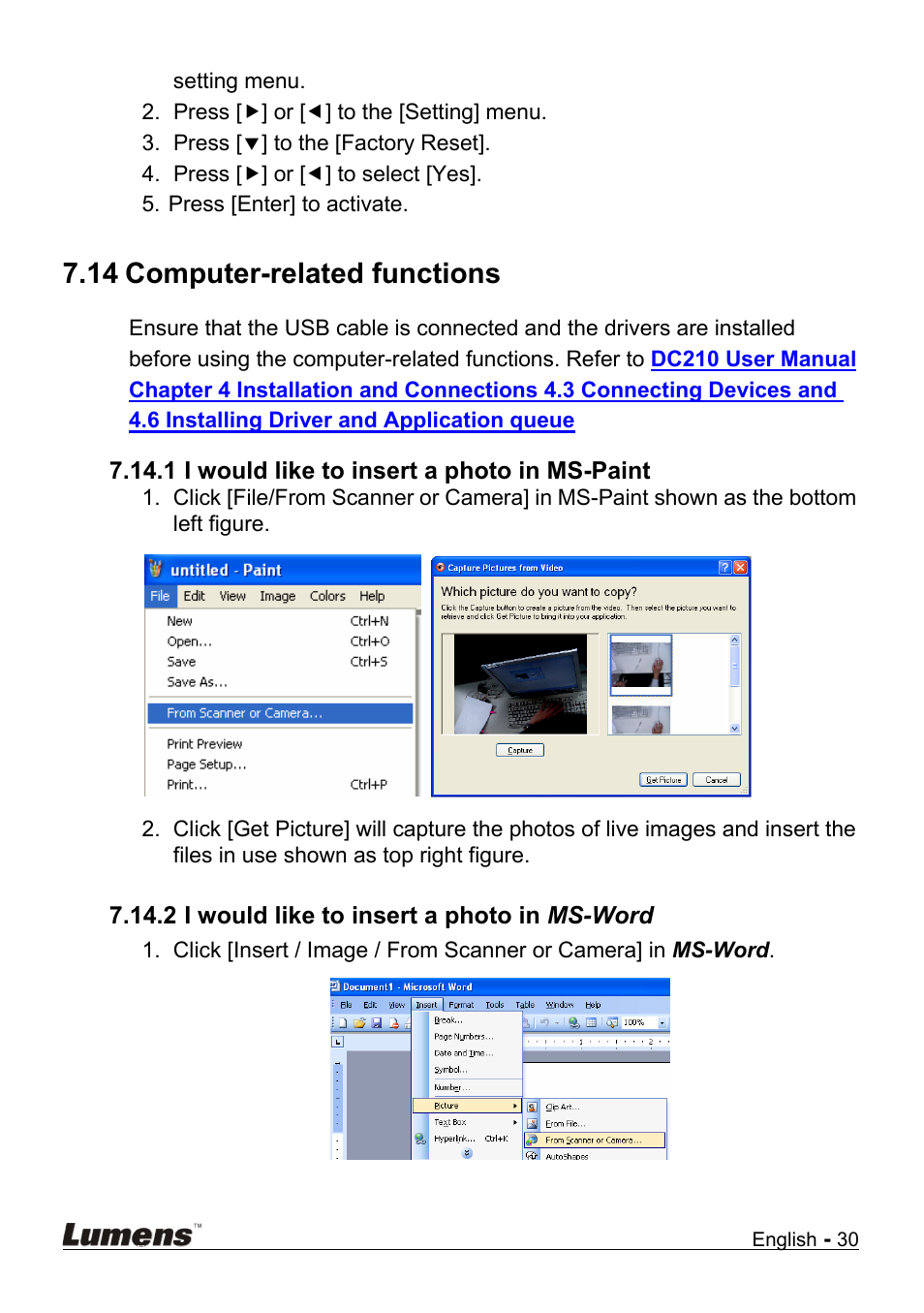 Computer-related functions, I would like to insert a photo in ms-paint, I would like to insert a photo in ms-word | 14 computer-related functions | Lumens Technology DC210 User Manual | Page 31 / 40