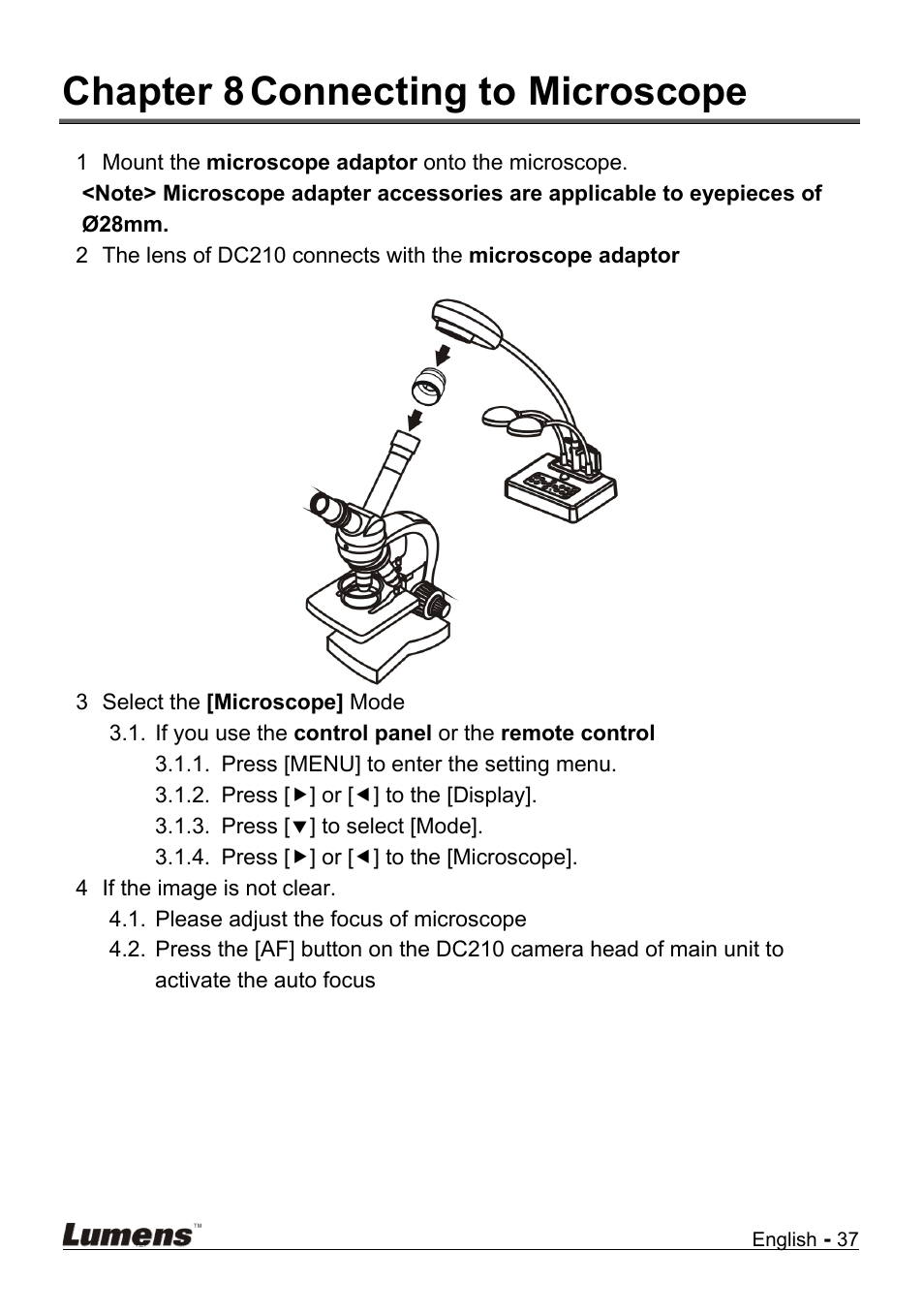 Chapter 8, Connecting to microscope, Chapter 8 connecting to microscope | Lumens Technology DC210 User Manual | Page 38 / 40
