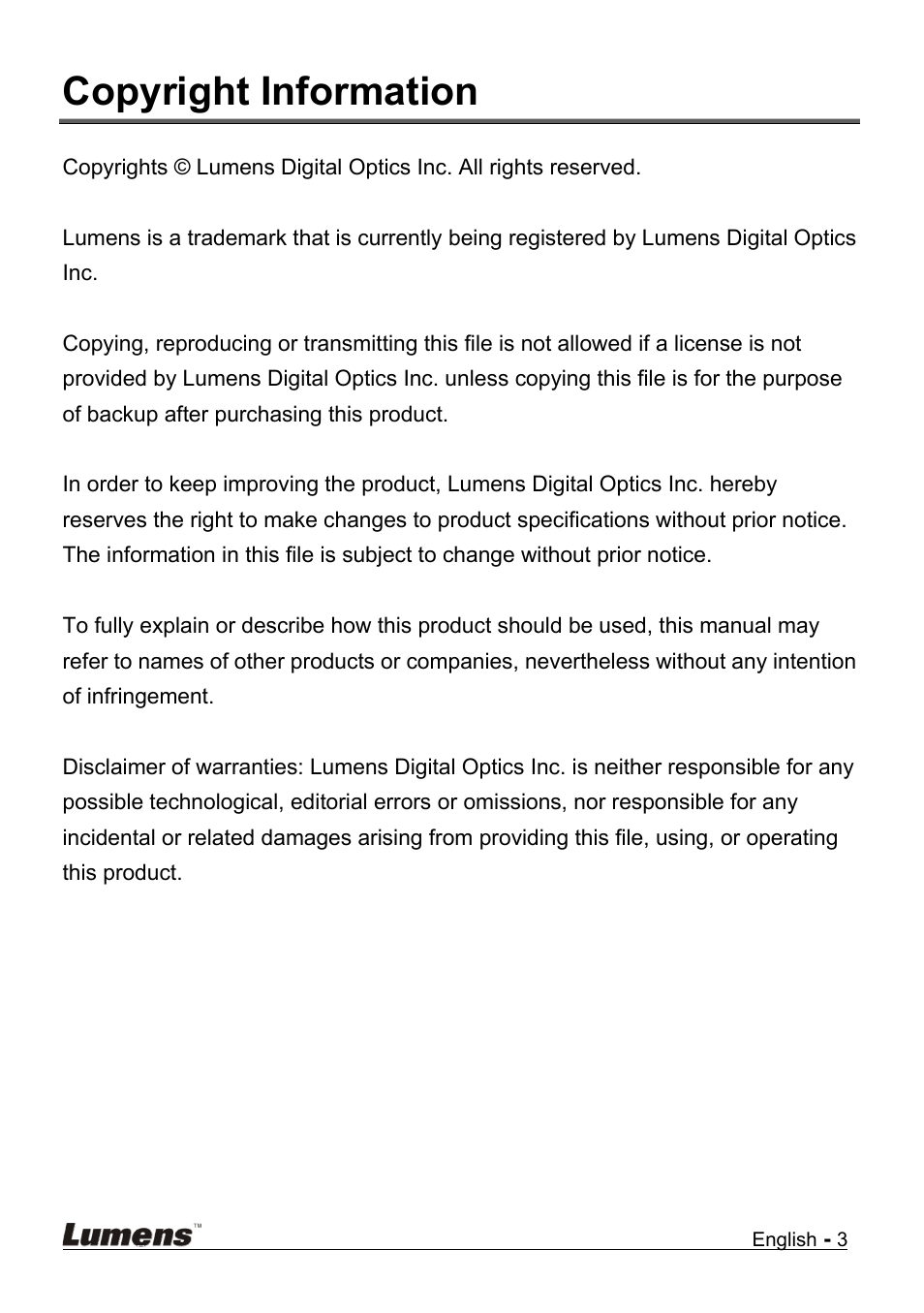 Copyright information | Lumens Technology DC210 User Manual | Page 4 / 40