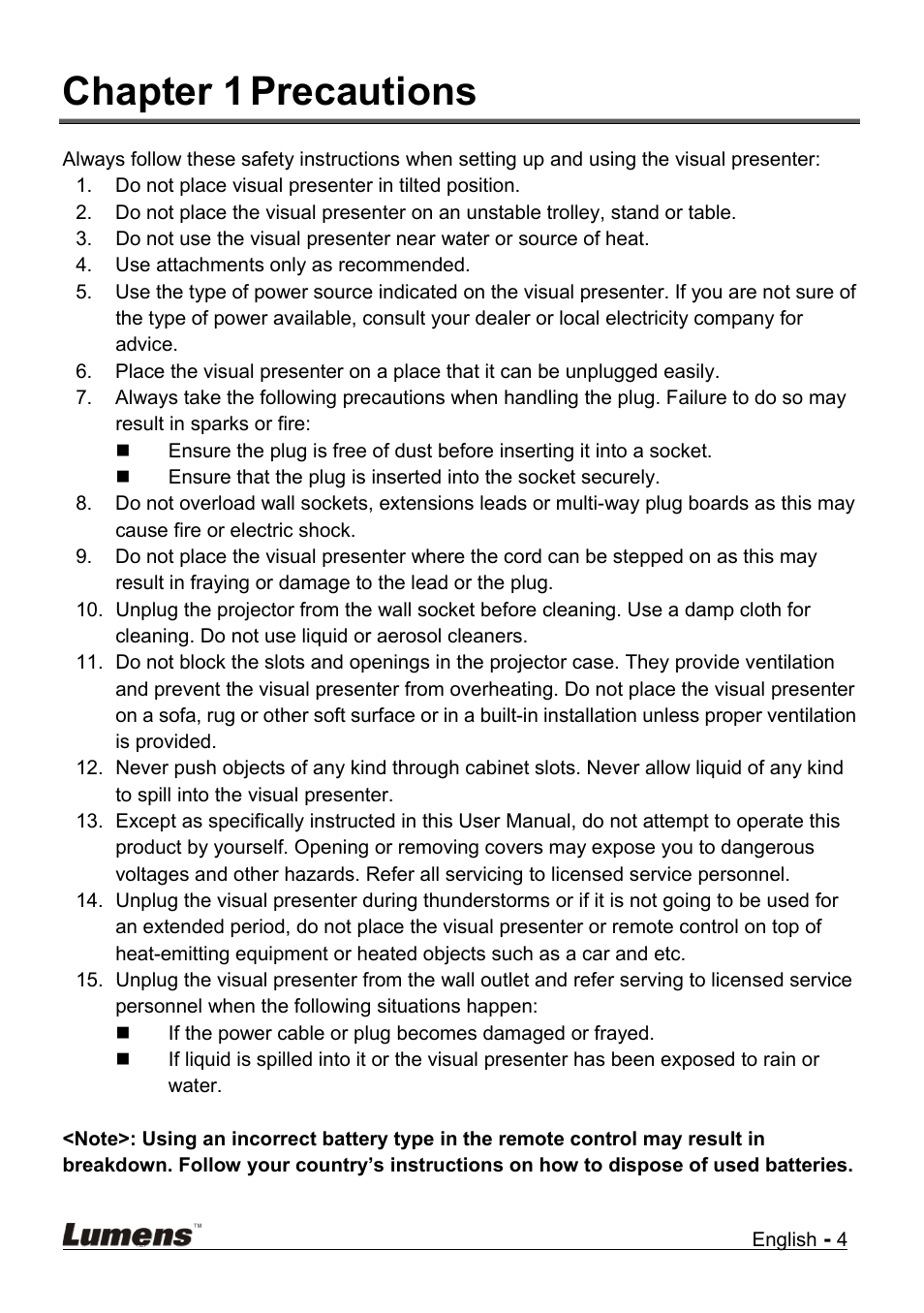 Chapter 1, Precautions, Chapter 1 precautions | Lumens Technology DC210 User Manual | Page 5 / 40