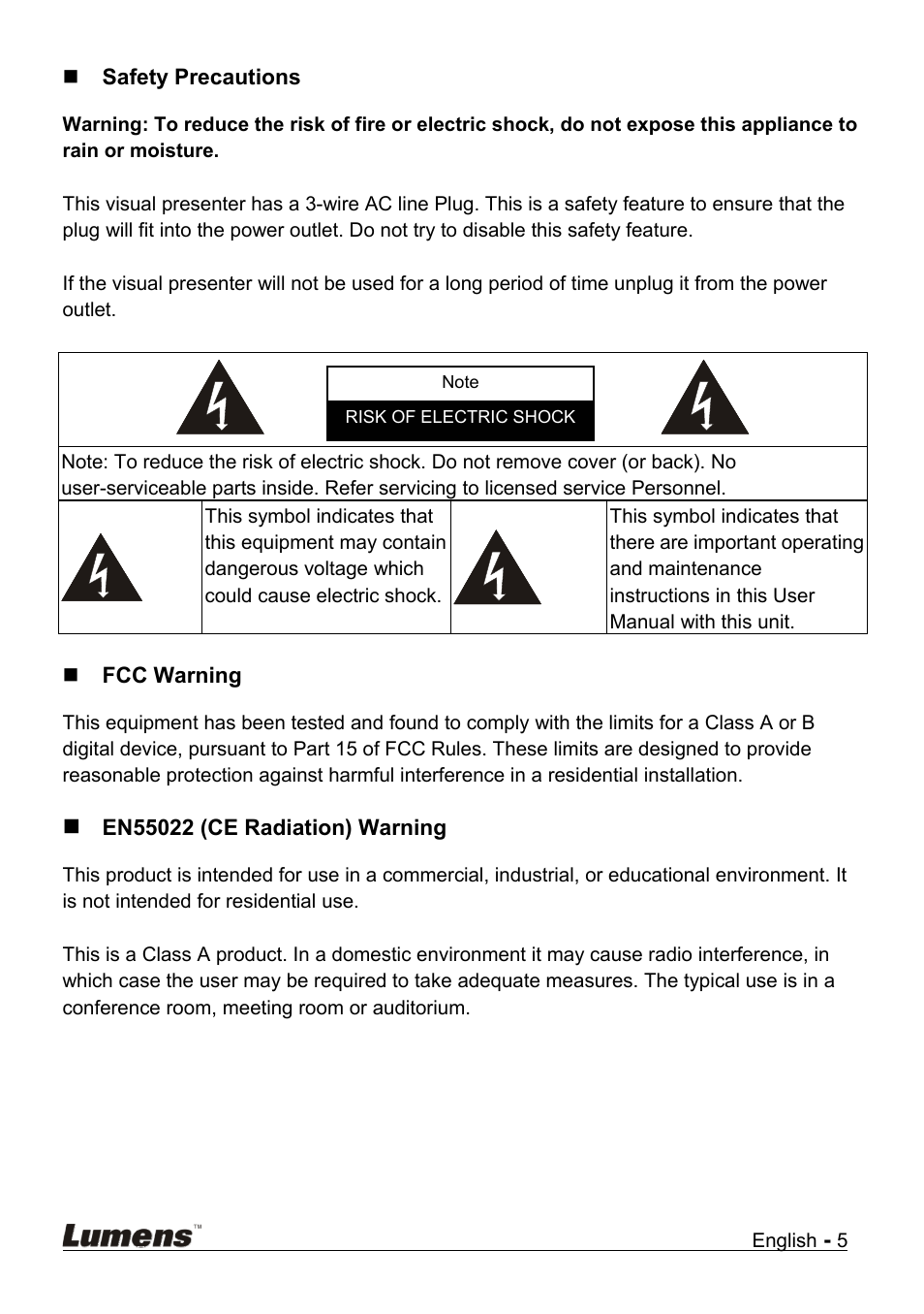 Safety precautions, Fcc warning, En55022 (ce radiation) warning | Lumens Technology DC210 User Manual | Page 6 / 40