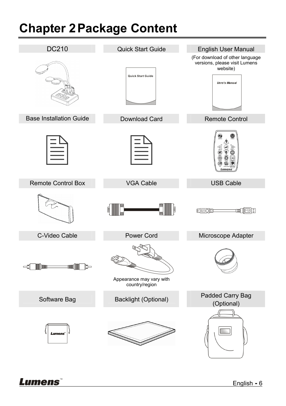 Chapter 2, Package content, Chapter 2 package content | Lumens Technology DC210 User Manual | Page 7 / 40