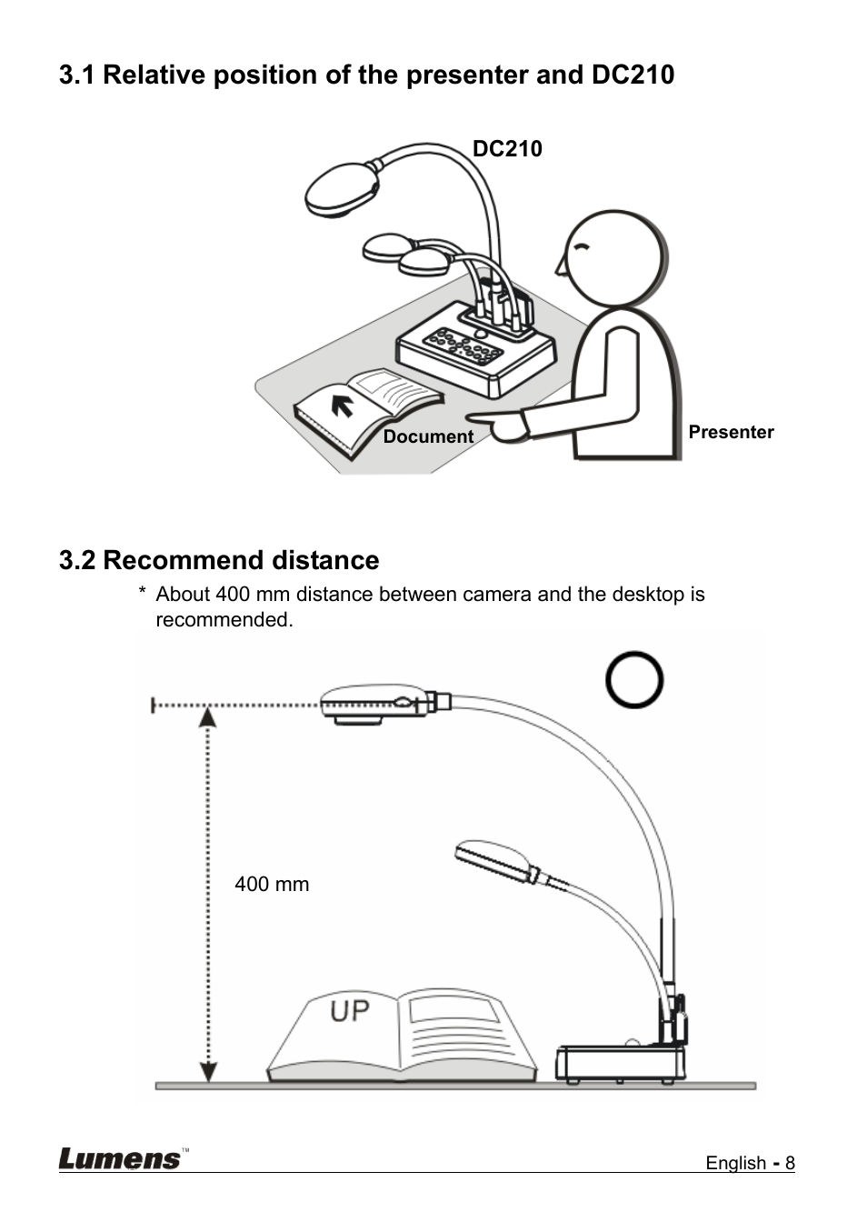 Relative position of the presenter and dc210, Recommend distance, 1 relative position of the presenter and dc210 | 2 recommend distance | Lumens Technology DC210 User Manual | Page 9 / 40