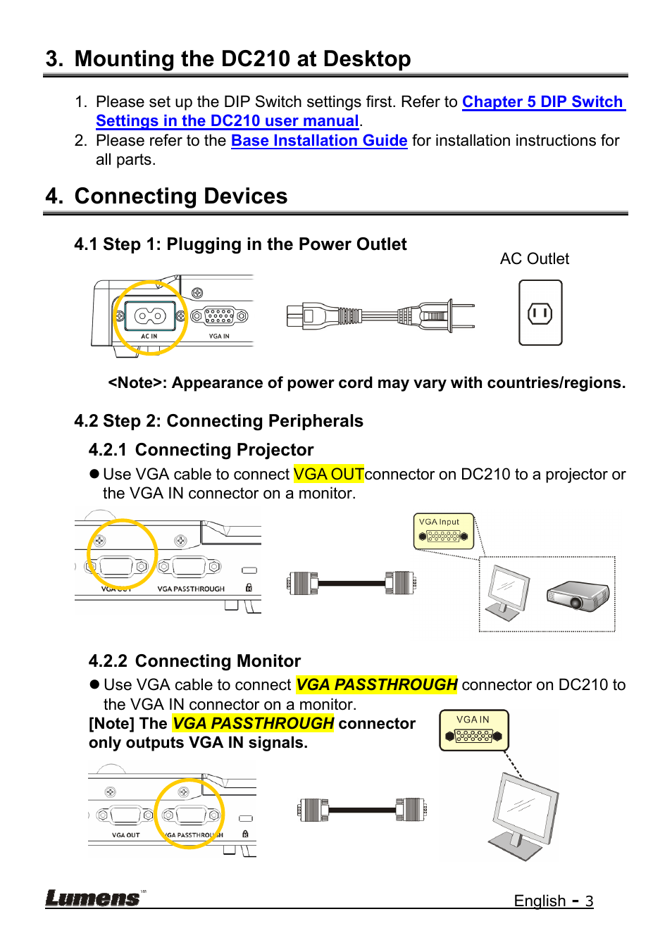 Mounting the dc210 at desktop, Connecting devices | Lumens Technology DC210 Quick Start User Manual | Page 4 / 7