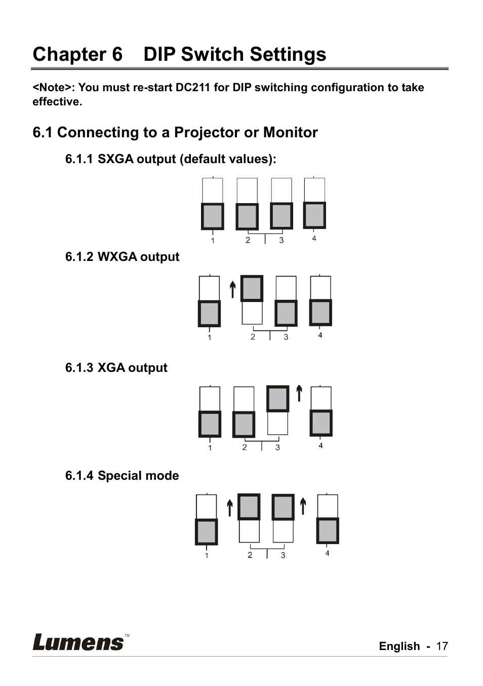 Chapter 6 dip switch settings, Connecting to a projector or monitor, Sxga output (default values) | Wxga output, Xga output, Special mode, Chapter 6, Dip switch settings, 1 connecting to a projector or monitor | Lumens Technology DC211 User Manual | Page 18 / 34