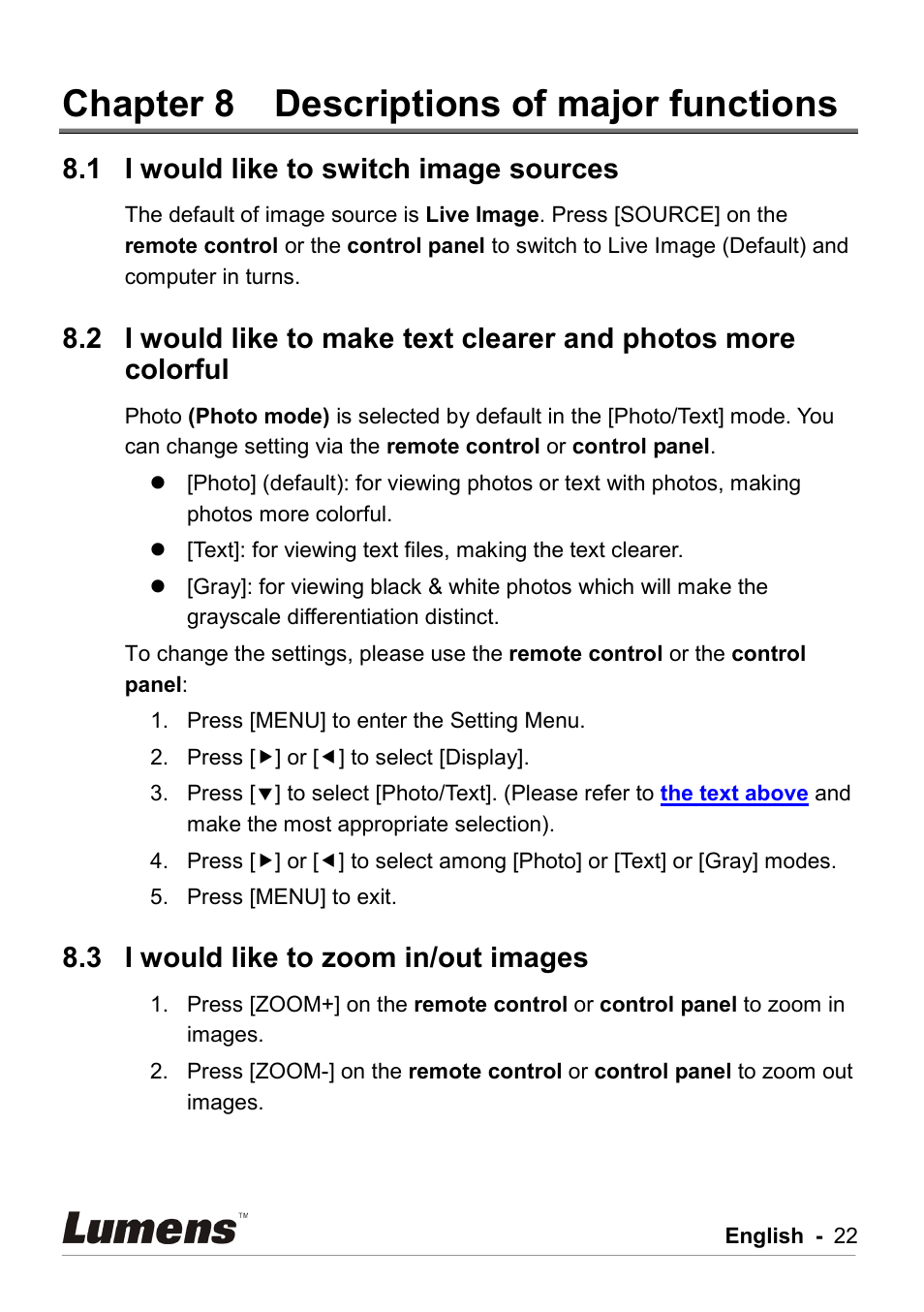 Chapter 8 descriptions of major functions, I would like to switch image sources, I would like to zoom in/out images | Chapter 8, Descriptions of major functions, 1 i would like to switch image sources, 3 i would like to zoom in/out images | Lumens Technology DC211 User Manual | Page 23 / 34